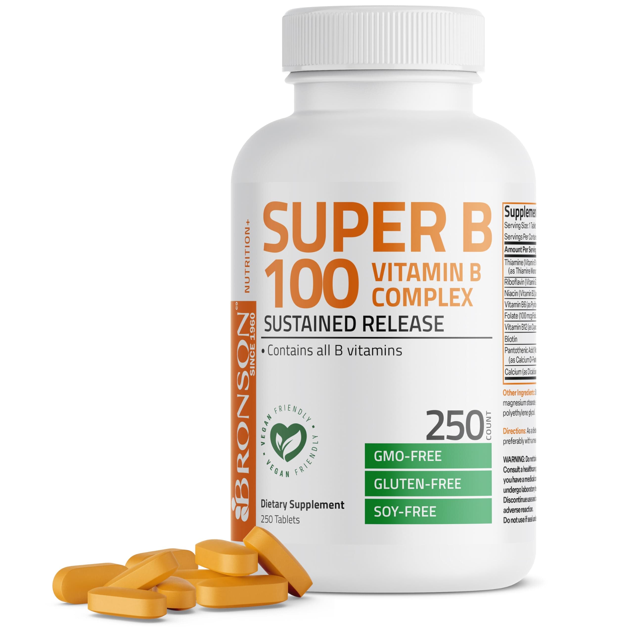 Super B 100 Vitamin B Complex Sustained Release Contains All B Vitamins (Vitamin B1, B2, B3, B6, B9 - Folic Acid, B12) Supports Energy Metabolism & Nervous System Health, Non-GMO, 250 Tablets