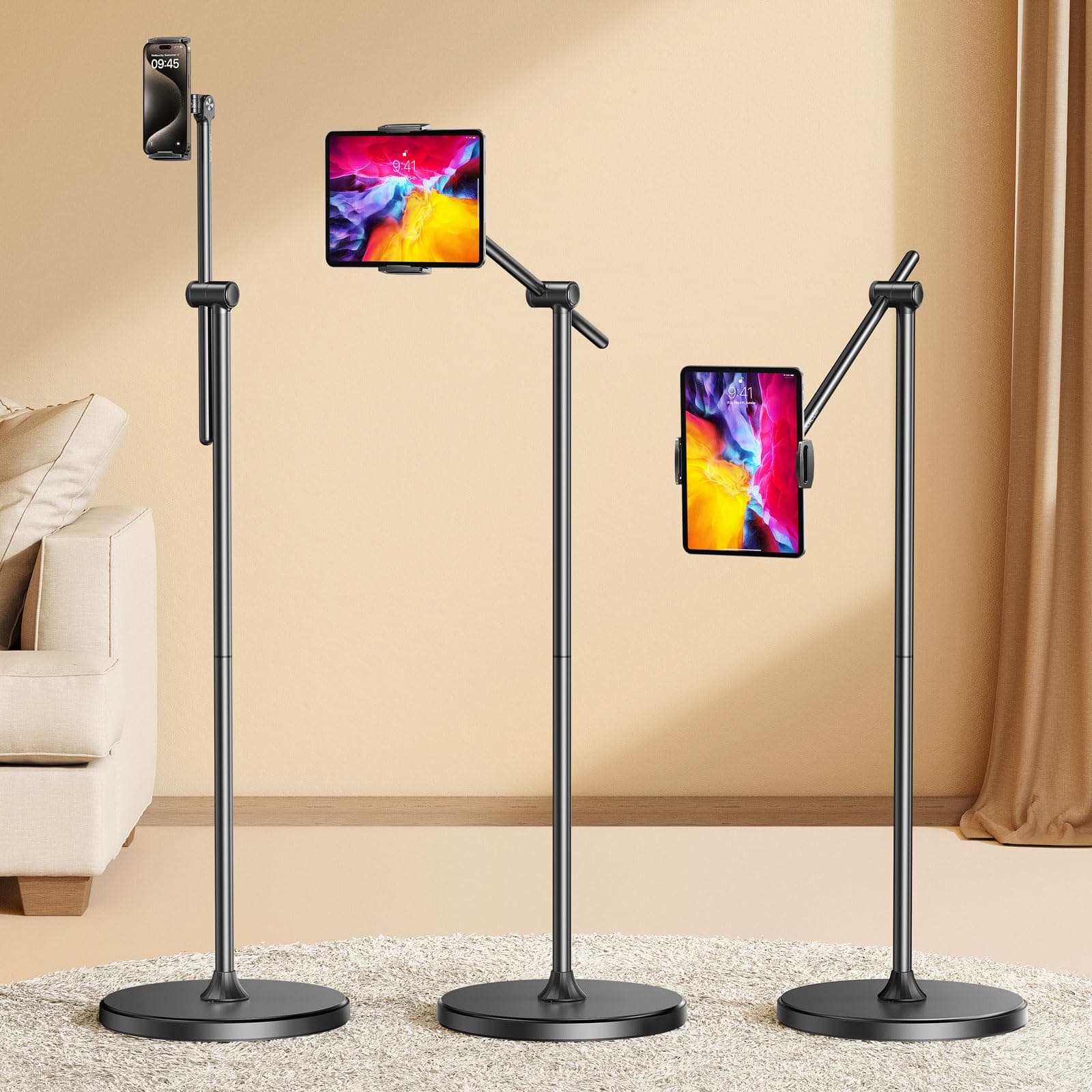 [Height-Adjustable & 360° Rotation Tablet Floor Stand Stable Base, Aluminum Alloy iPad Stand Floor Holder for iPad Mini Air Pro 12.9/9.7, Monitor, Kindle, iPhone 16, Cell Phones (4.7"-15.6")
