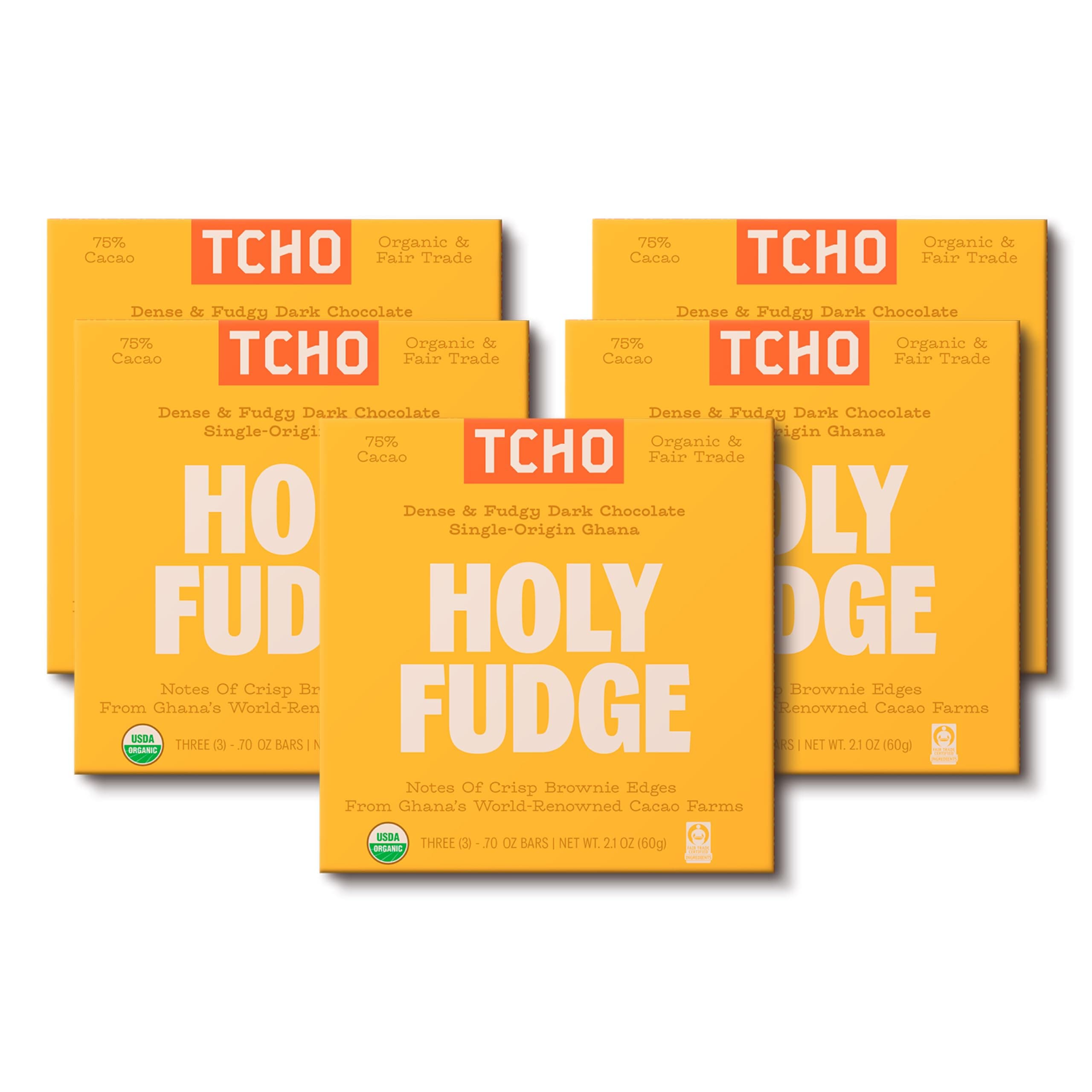 TCHO Holy Fudge 75% Dark Chocolate Bars (5 pack) | Single Origin Ghana, Dairy Free, Organic & Fair Trade | Non-GMO, Vegan, Soy Free, Gluten Free (2.1oz each)