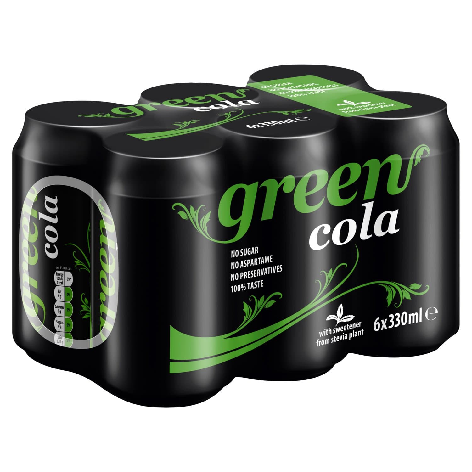 Green Cola Cans 24 Pack, No Sugar Soft Drink, 0 Calories, No Aspartame, Natural Caffeine, 100% Taste - 4 x 6 Pack of 330 ml (24 Cans Total)