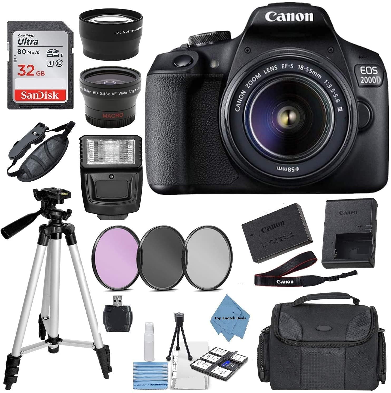 EOS 2000D Rebel T7 Kit with EF-S 18-55mm f/3.5-5.6 III Lens + Accessory Bundle +TopKnotch Deals Cloth