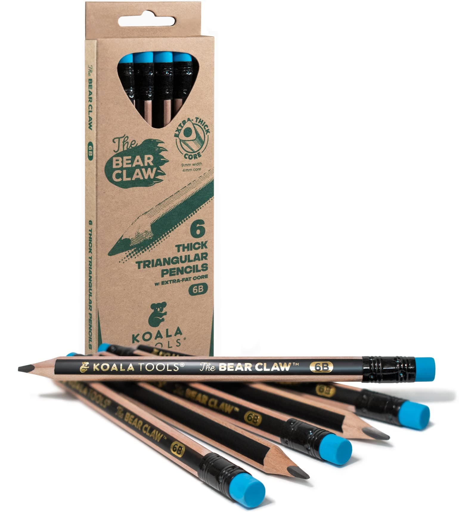Bear Claw Pencils 1-Pack (6 Pencils) - Fat, Thick, Triangular Grip, Extra-Dark 6B Graphite Core with Eraser - Suitable for Kids, Art, Drawing, Drafting, Sketching & Shading