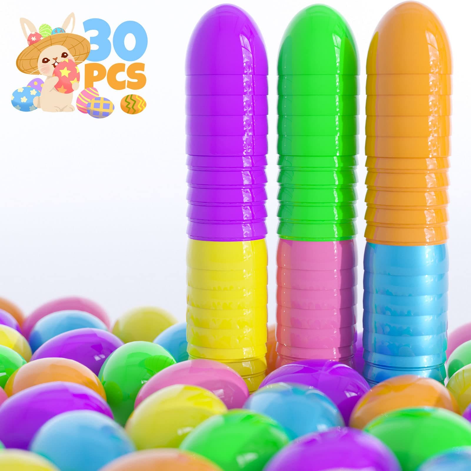 KIDPAR 30 Pcs 3.5" Easter Eggs Plastic with Assorted Bright Colors for Kids Toddlers,Gift Basket Stuffers Fillers,Easter Decorations,Eggs Hunt Supplies,Filling Treats Toys, Theme Party Favor