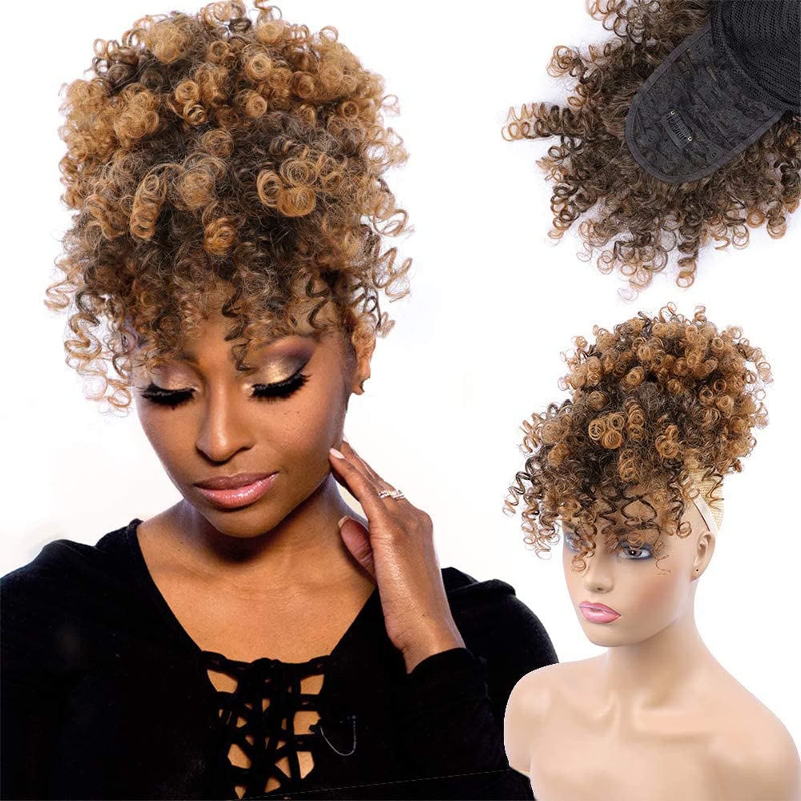 ENTRANCED STYLES Drawstring Ponytail Extensions Afro High Puff with Bangs Ponytail for Women Synthetic Kinky Curly Bangs Short Afro Kinky Curly Ponytail Clip in on Wrap Updo Hair Extensions for Women