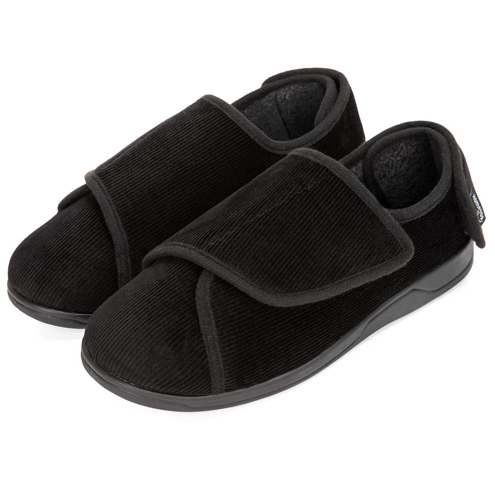 – Men's Wide Fit Corduroy Slippers, Adjustable Hook & Loop with Memory Foam for Indoor Comfort