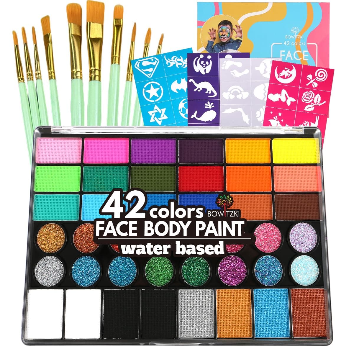 Bowitzki Face Paint Kit,Water Based Non Toxic Face Paint Palette with 24 Colors,16 Glitters, 32 Stencils & 10pcs Brushes, Professional Body Face Paint Makeup For Party,Halloween,Carnival,Festival