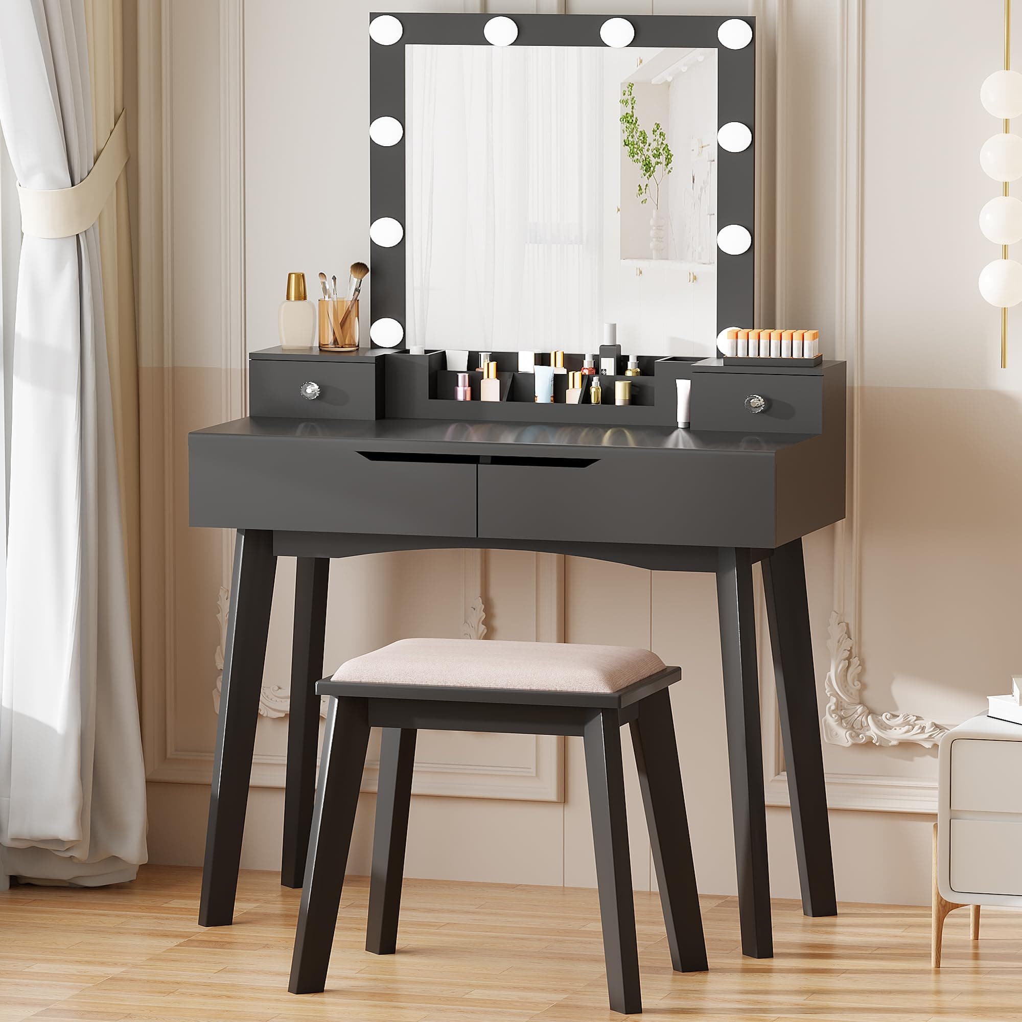 ANWBroad BDT06B Dressing Table Vanity Table Set Illuminated Mirror with 10 LED Bulbs - 4 Drawers with 2 DIY Dividers - Padded Stool - Movable Organiser, Black