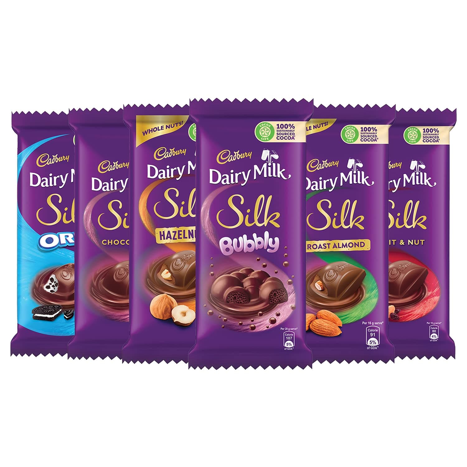 Cadbury Dairy Milk Silk Large Chocolates Combo(1 X Silk Plain 150G,1 X Silk Oreo 130G,1 X Silk Bubbly 120G,1 X Silk Roast Almond 143G,1 X Silk Fruit And Nut 137G And 1 X Silk Hazelnut 143G),823 Grams