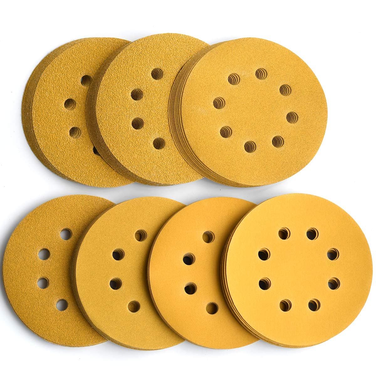 5-Inch 8-Hole Hook and Loop Sanding Discs, 60/80/120/150/220/320/400 Assorted Grits Gold Sanding Disc for Random Orbital Sander, 105-Pack