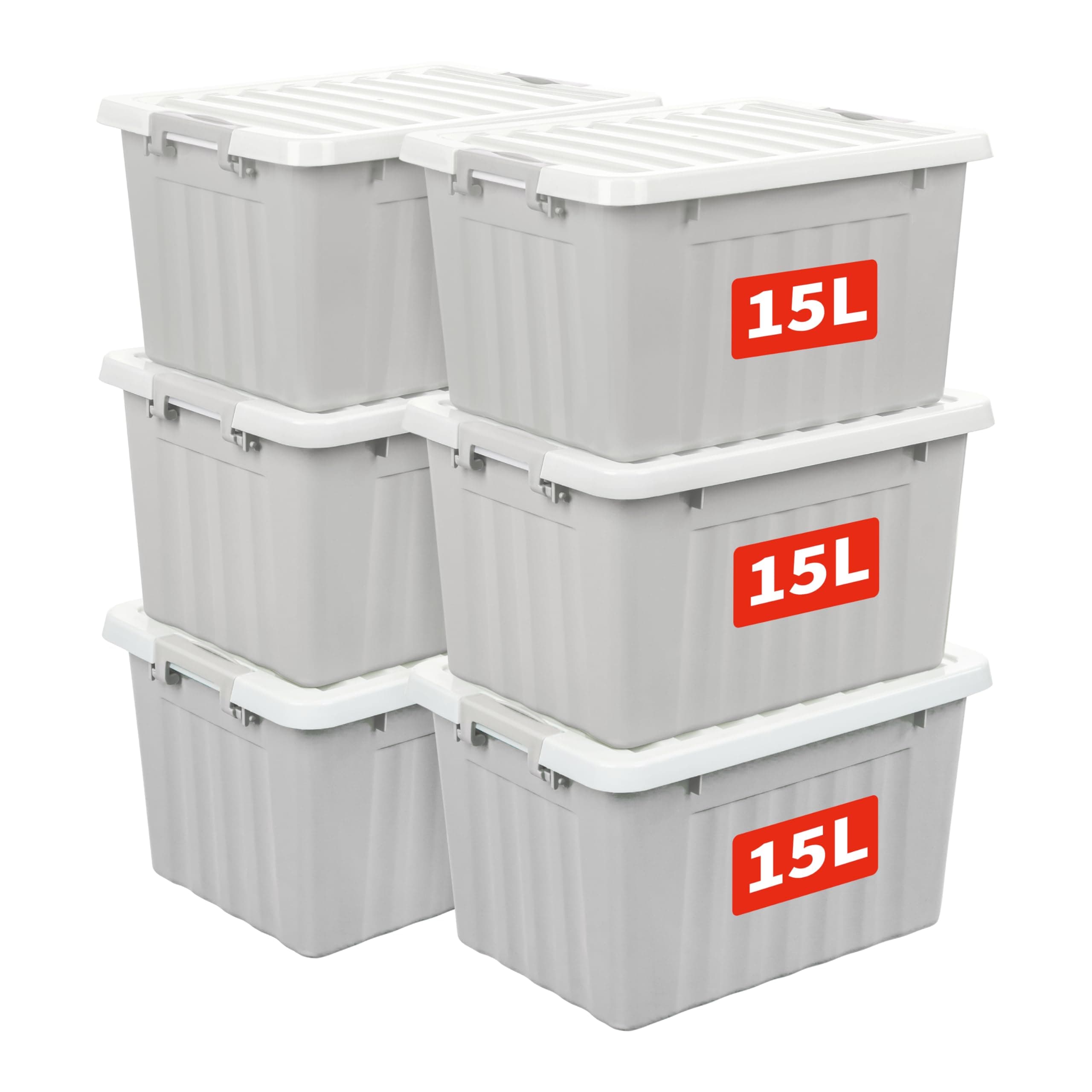 15L*6 Storage Boxes with Lids, Plastic Storage Bins with Latching Buckles, Click Closure, Stackable, Nesting, Organizer for Home Office Clothes, Gray, 15L-6 Pack