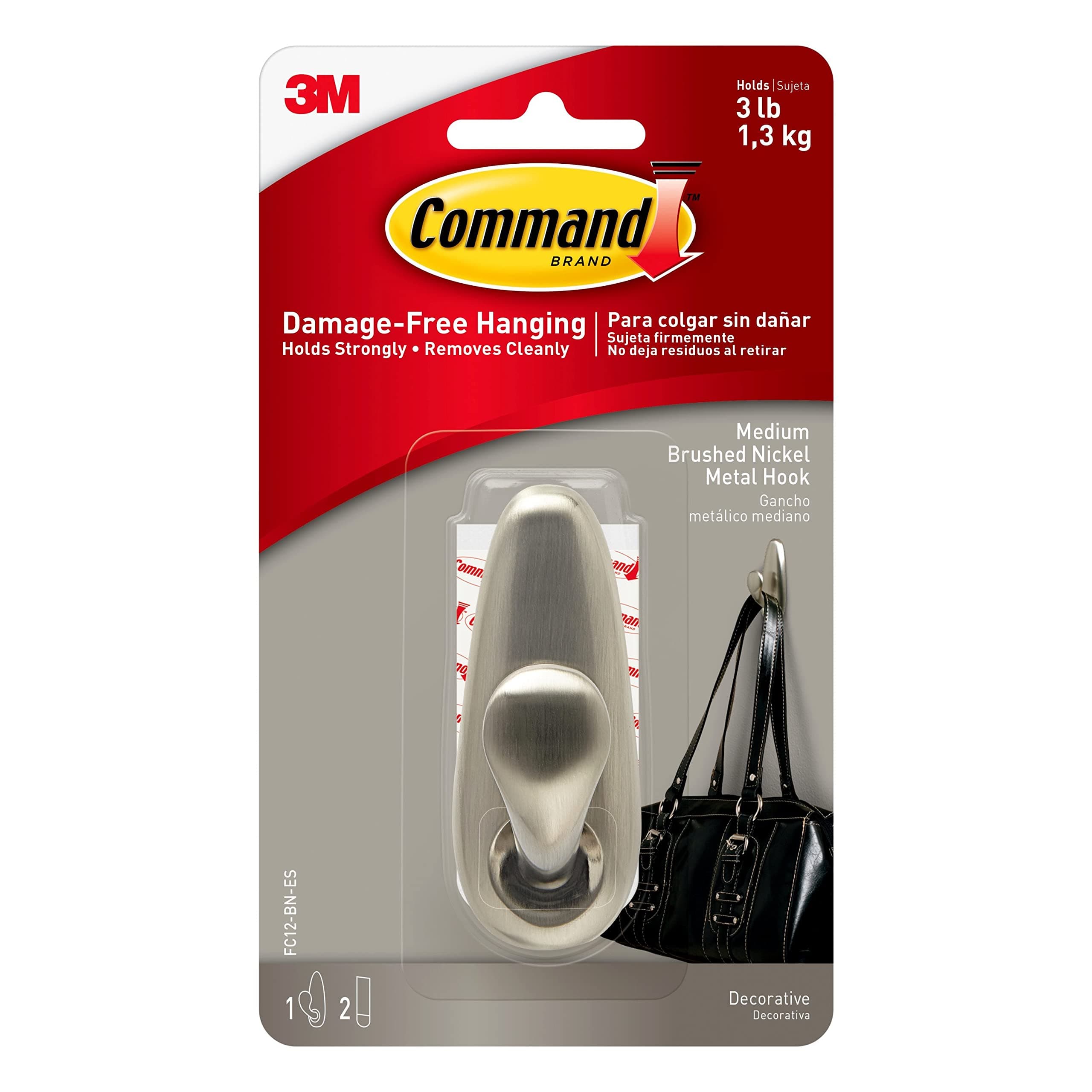 Command Classic Nickel Medium Hook Silver color, 1 hook and 2 strips/pack | Holds 1.3 kg | Organize | Decoration | No Tools | Holds Strongly | Damage-Free Hanging |