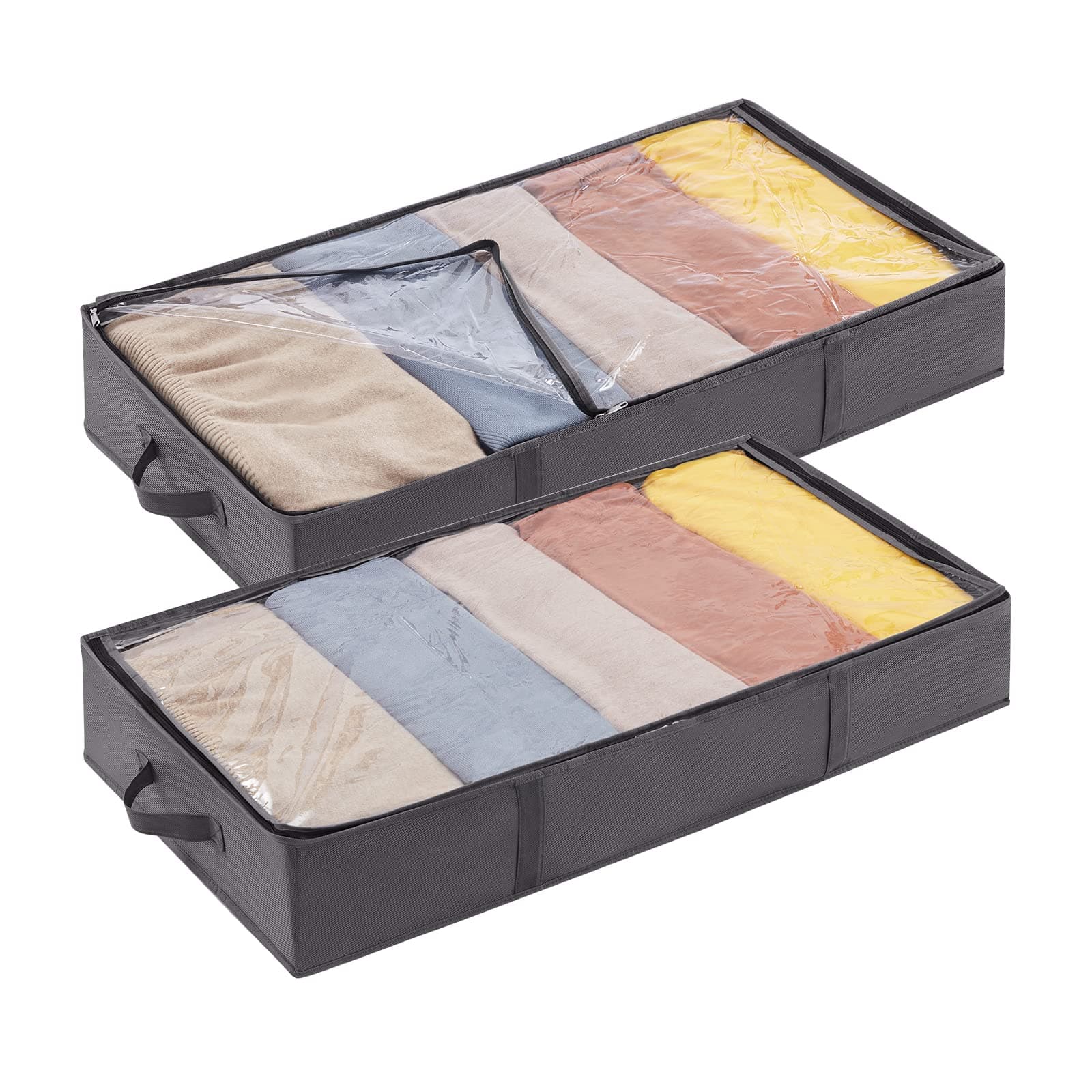 2 Pack UnderBed Storage Bags with Lid, Clothes Storage Boxes Foldable Under bed Storage Organizer with Reinforced Handle Thick Fabric Clear Window for Clothes Blankets Shoes, 65L, Grey