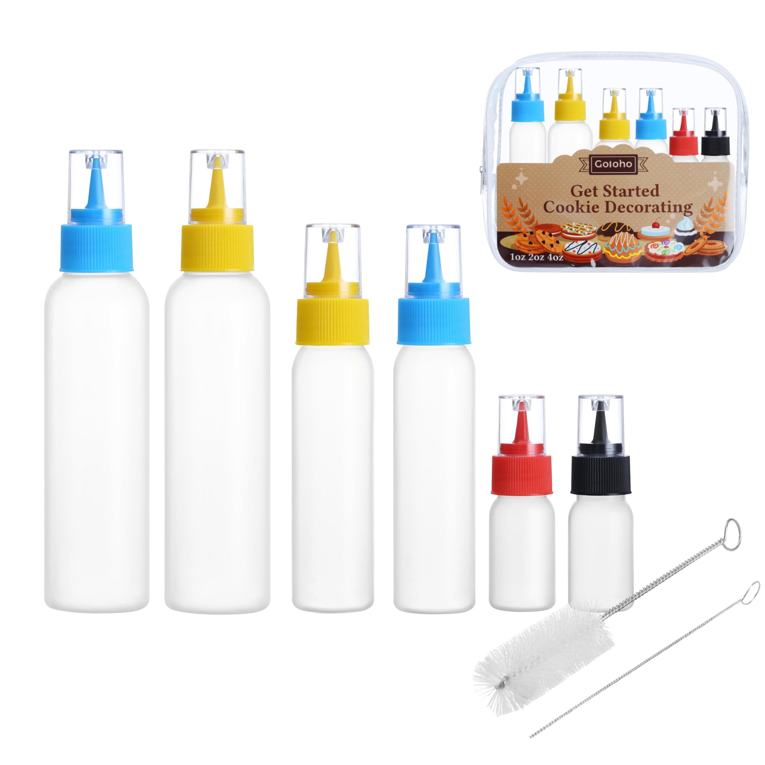 GOLOHO Cookie Icing Bottles, 6 Squeeze Applicator Bottles, 2 each (1, 2, and 4 ounces), Royal Icing Tools, Cake Sugar Cookie Decorating Supplies, Food Coloring, Frosting, Pancake Arts and Crafts Kit
