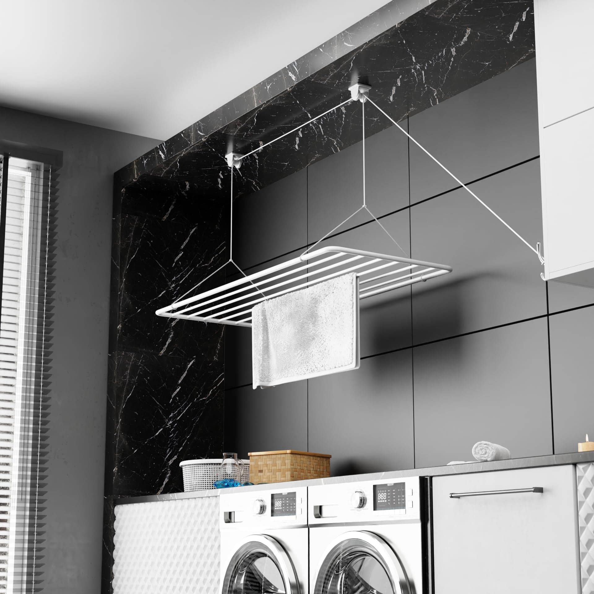 Erica Eric ERIC Ceiling Dryer 70 x 50 cm, Clothes Airer for Ceiling with 5.6 Metre Drying Surface, Vertical Foldable 2.5 Metres, Metal with PVC-Free Plastic Coating, White