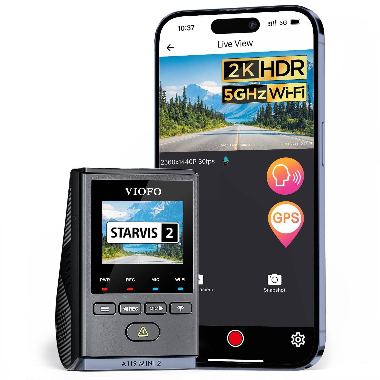 VIOFO Dash Cam A119 Mini 2, STARVIS 2 Sensor, 2K 60fps/HDR 30fps Voice Control Car Dash Camera with 5GHz Wi-Fi GPS, Night Vision 2.0, 24H Parking Mode, Supercapacitor (SD Card Not Included)