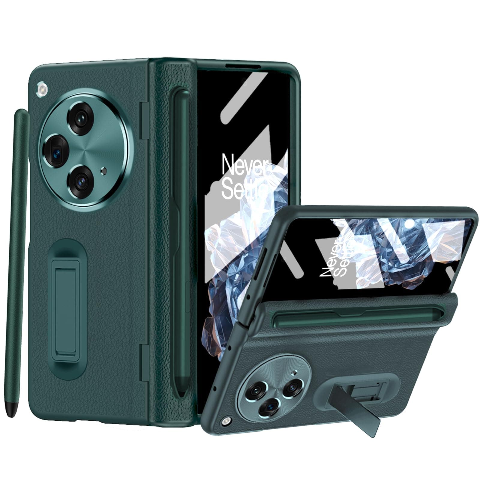 for OnePlus Open Case with Stylus & Pen Holder, [Hinge Protection] [Built-in Screen Protector] [Kickstand] All-Inclusive Luxury PU Leather Phone Case for OnePlus Open 2023 Green