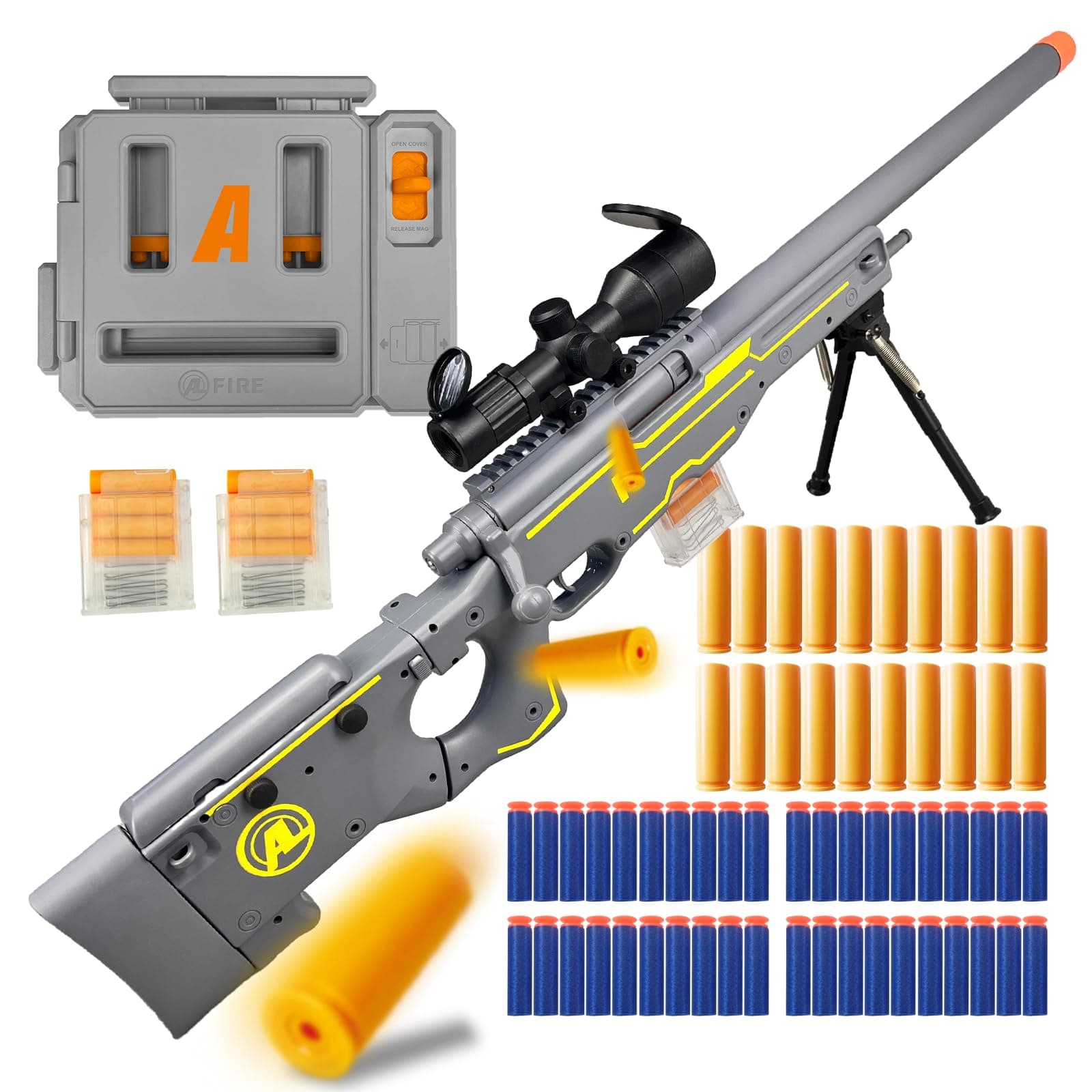 AWM Foam Dart Blaster, Shell Ejecting Model with Scope, Metal Components, Foldable Stock, 40 Darts, 20 Shells. Tactical CS Game Prop for Teens 14+ and Adults (Gold)