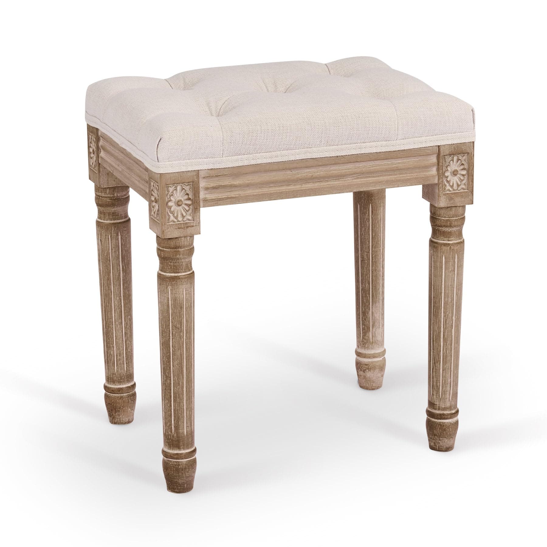 Ottoman Stool, Length: 15.7 inch, Width: 11.8 inch, Height: 18.5inch, Beige, with Padded Seat, Wood Frame, Button Tufted, for Dining, Living Room, Bedroom, Piano, Dressing, Vanity, Foot Rest