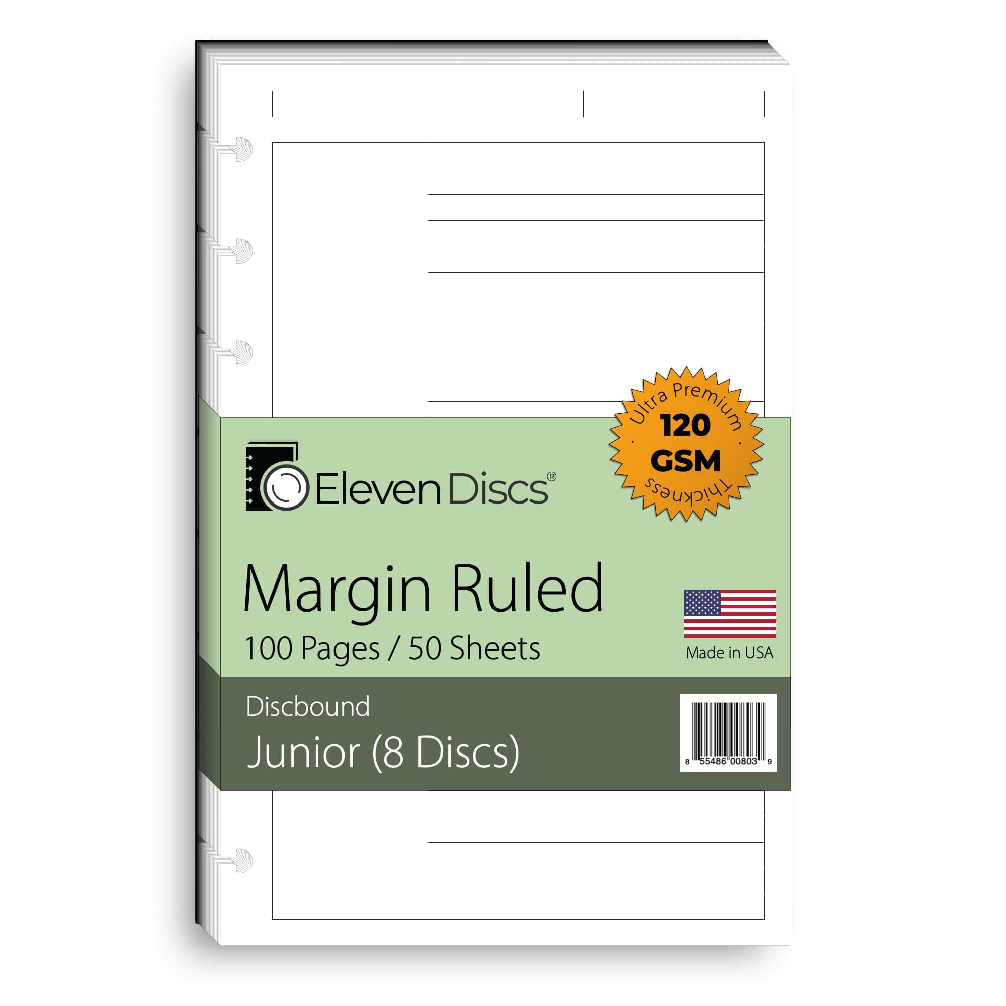 Eleven Discs Discbound Paper, Junior Size Margin Ruled Sheets - Premium 120gsm Heavyweight Notebook & Planner Refills - 8 Discs, 5.5 x 8.5 in - Punched for Circa, Arc, TUL (50 Sheets)