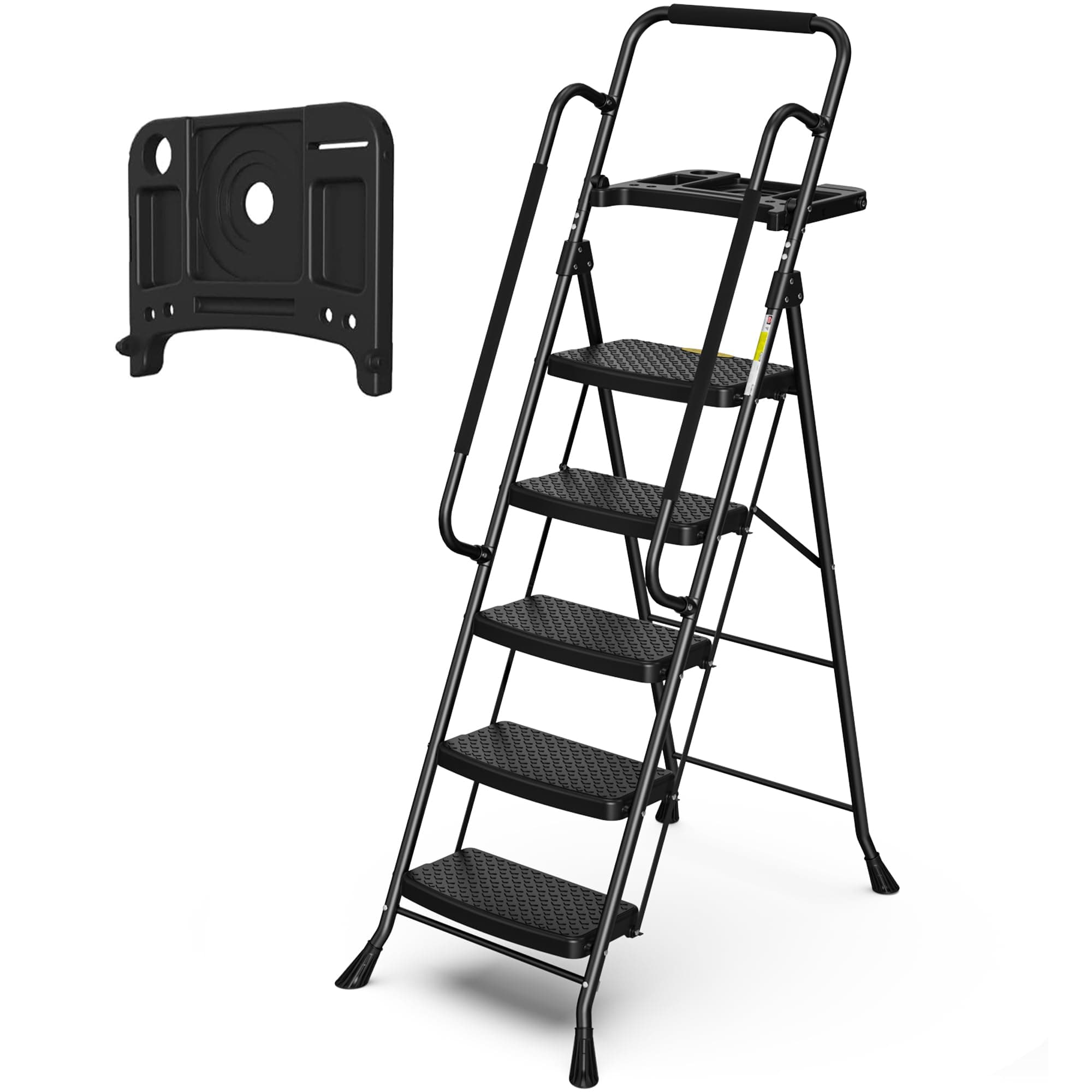HBTower Step Ladder with Handrails, Folding Step Stool with Attachable Tool Bag & Anti-Slip Wide Pedal for Home Kitchen Pantry Office, Black