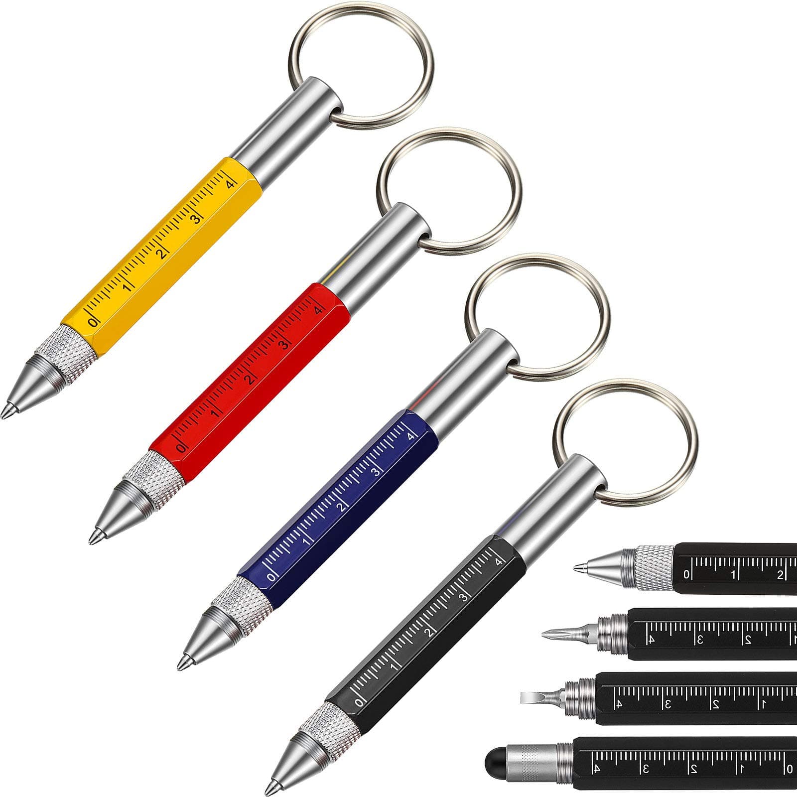 Zonon 4 Pieces 6 in 1 Multitool Tech Tool Pen Key Ring Screwdriver Pen with Ruler, Two-head Ballpoint Refills Metal Tool for Office Staff, Construction Workers, Red, Yellow, Blue, Black