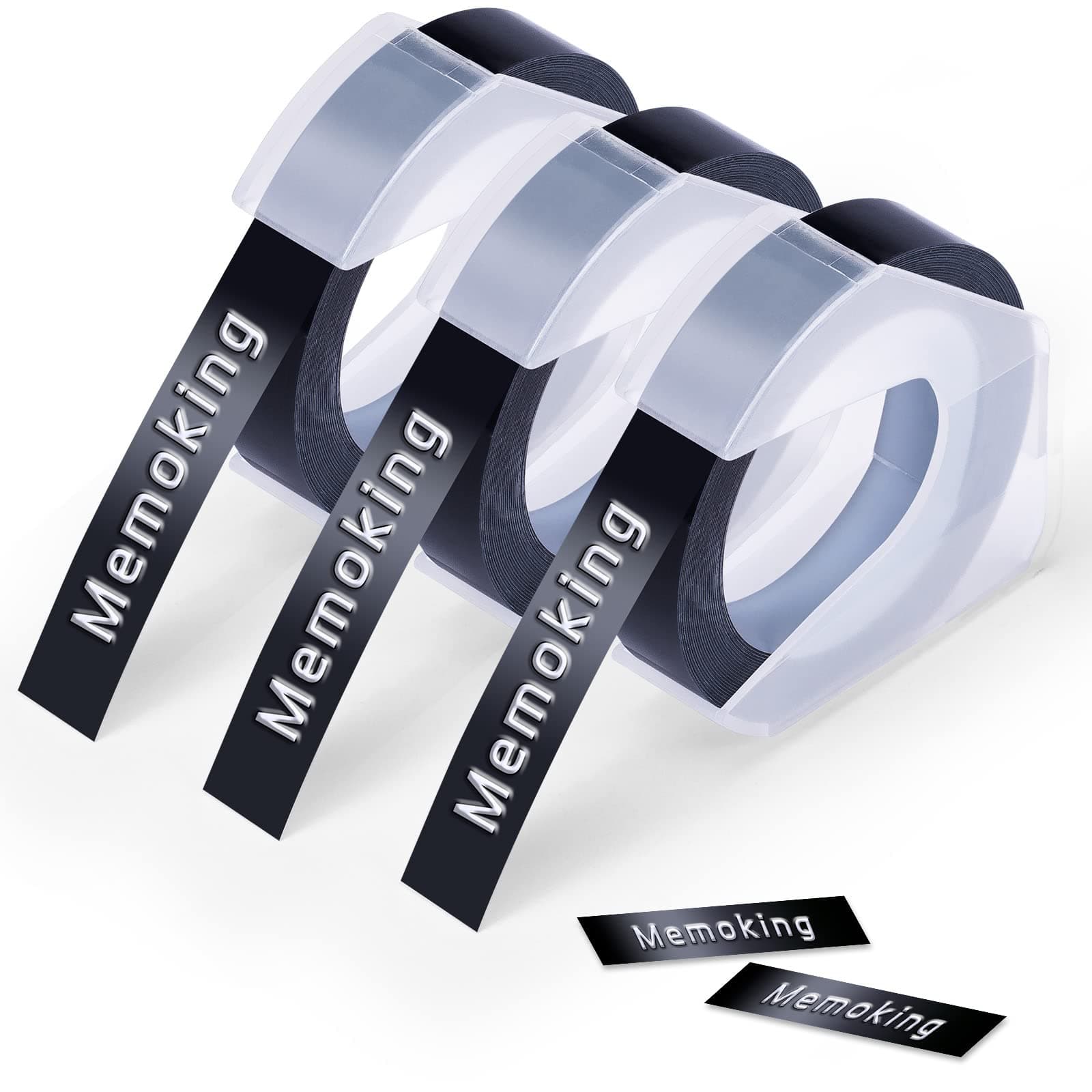 Embossing Label Tape 3/8"(9mm) Compatible with Phomemo, Dymo Omega, DYMO Junior, VolenGo Embossing Label Maker, 3D Plastic Labels, 3 Pack (Black)