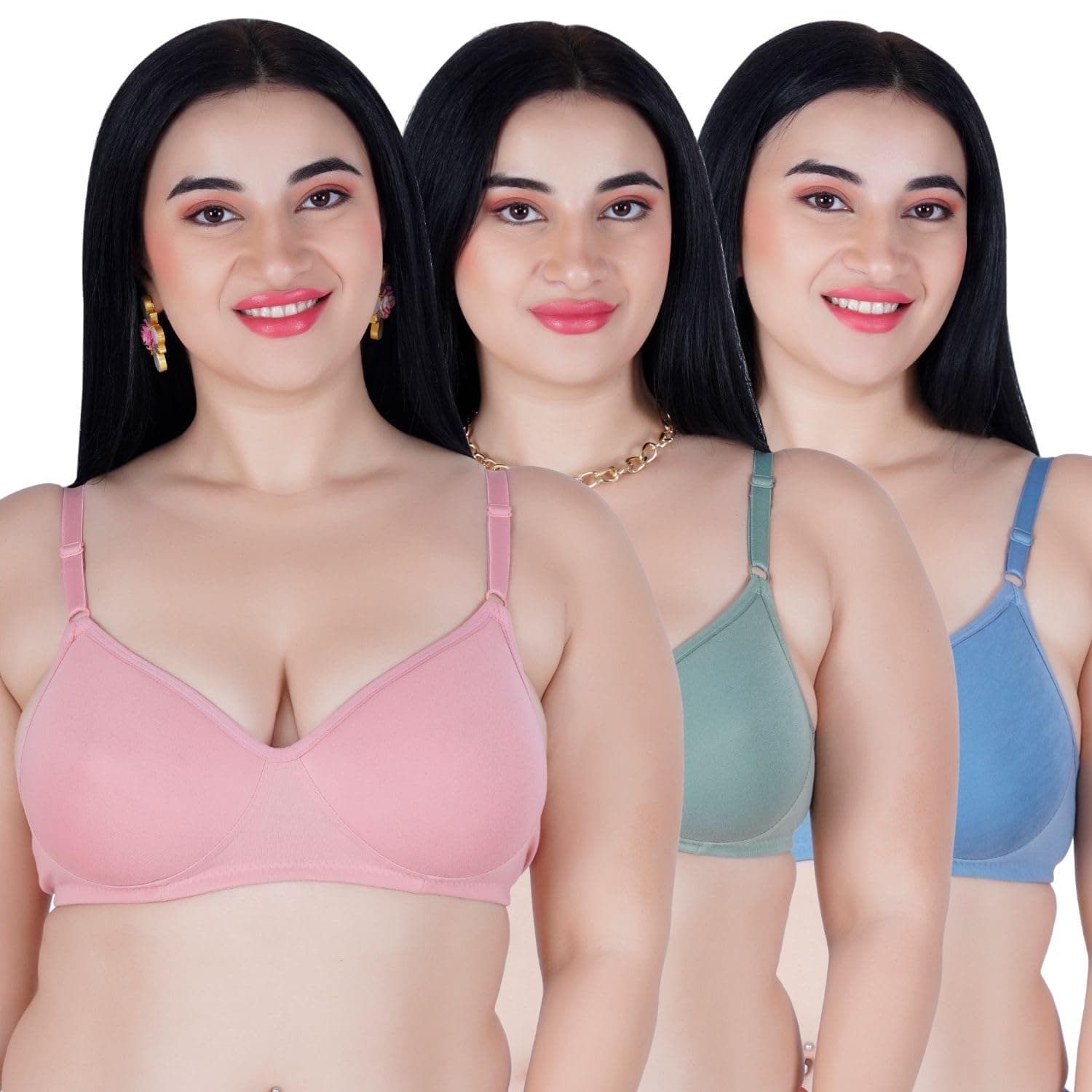 KomliLite - Medium Padded Bra - Cotton Rich Fabric - Full Coverage - Regular Straps - Wirefree - Seamless Everyday T-Shirt Bra (Pack of 3)