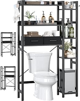 Besiost Over The Toilet Storage with 2 Drawers - 7 Tier Bathroom Organizer with Adjustable Shelf, Freestanding Space Saver Storage Rack Above Toilet Stand with 4 Hooks for Restroom, Laundry, Black