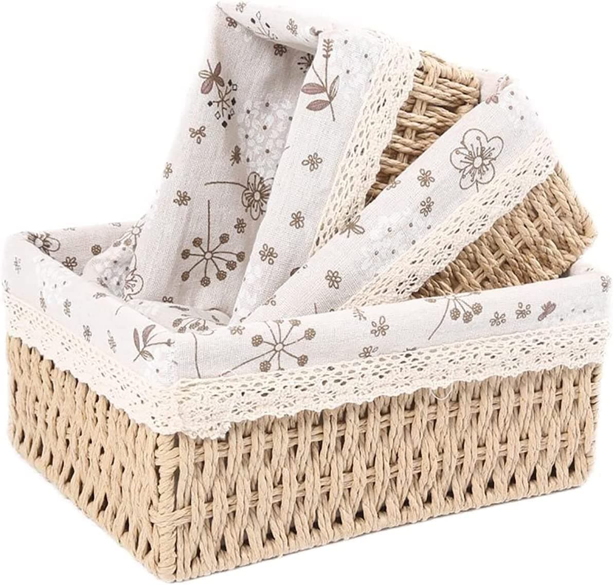– Set of 3 Macrame Storage Baskets Boho Decor Baskets for Organizing Decorative Paper Rope Woven Storage Basket with Liner Rectangular Empty Gift Basket Countertop Shelves Organizer (beige)