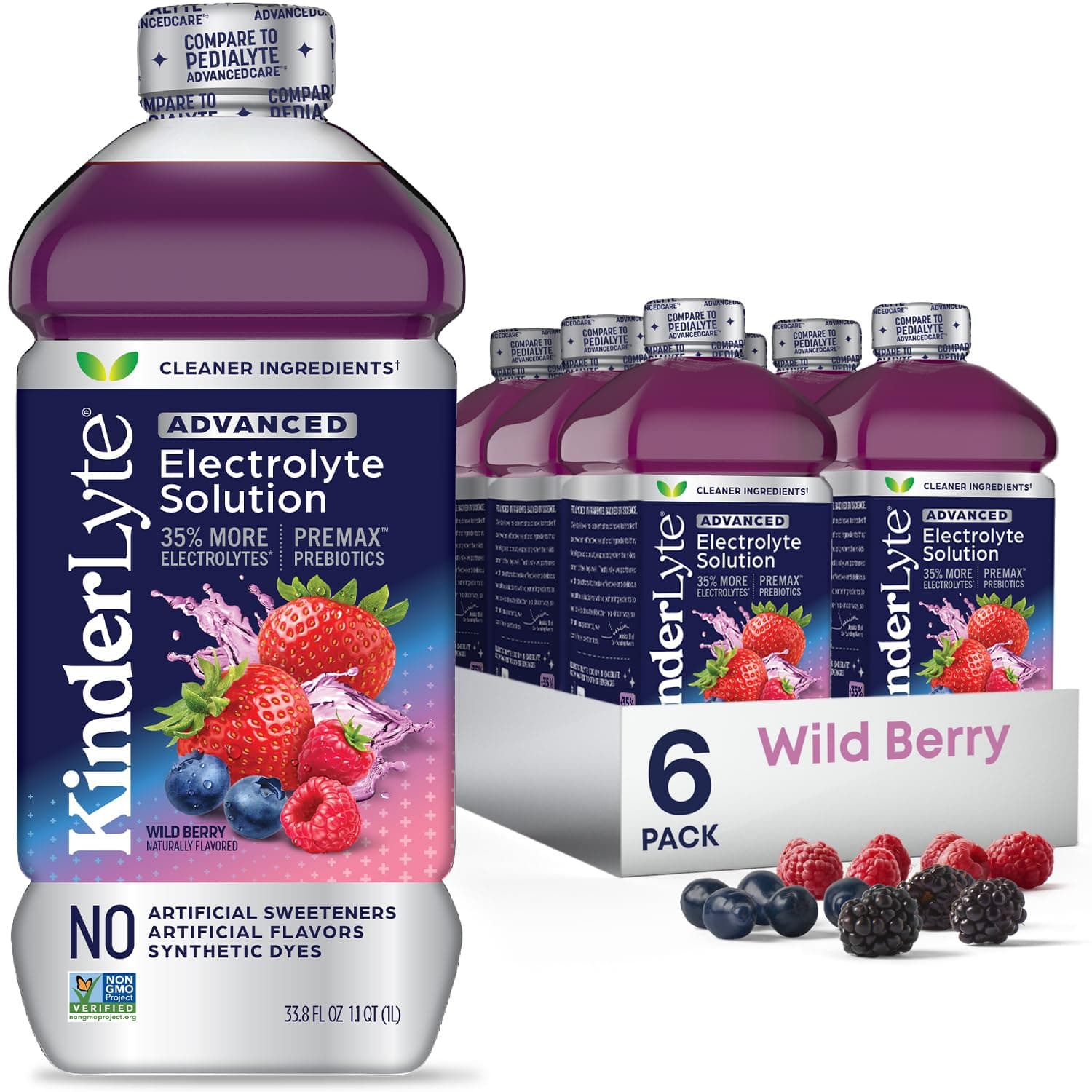 Advanced Electrolyte Solution for Kids and Adults - Hydration Drink (Wild Berry, 6 Count), With PreMax Prebiotics, No Artificial Sweeteners or Flavors, No Synthetic Dyes