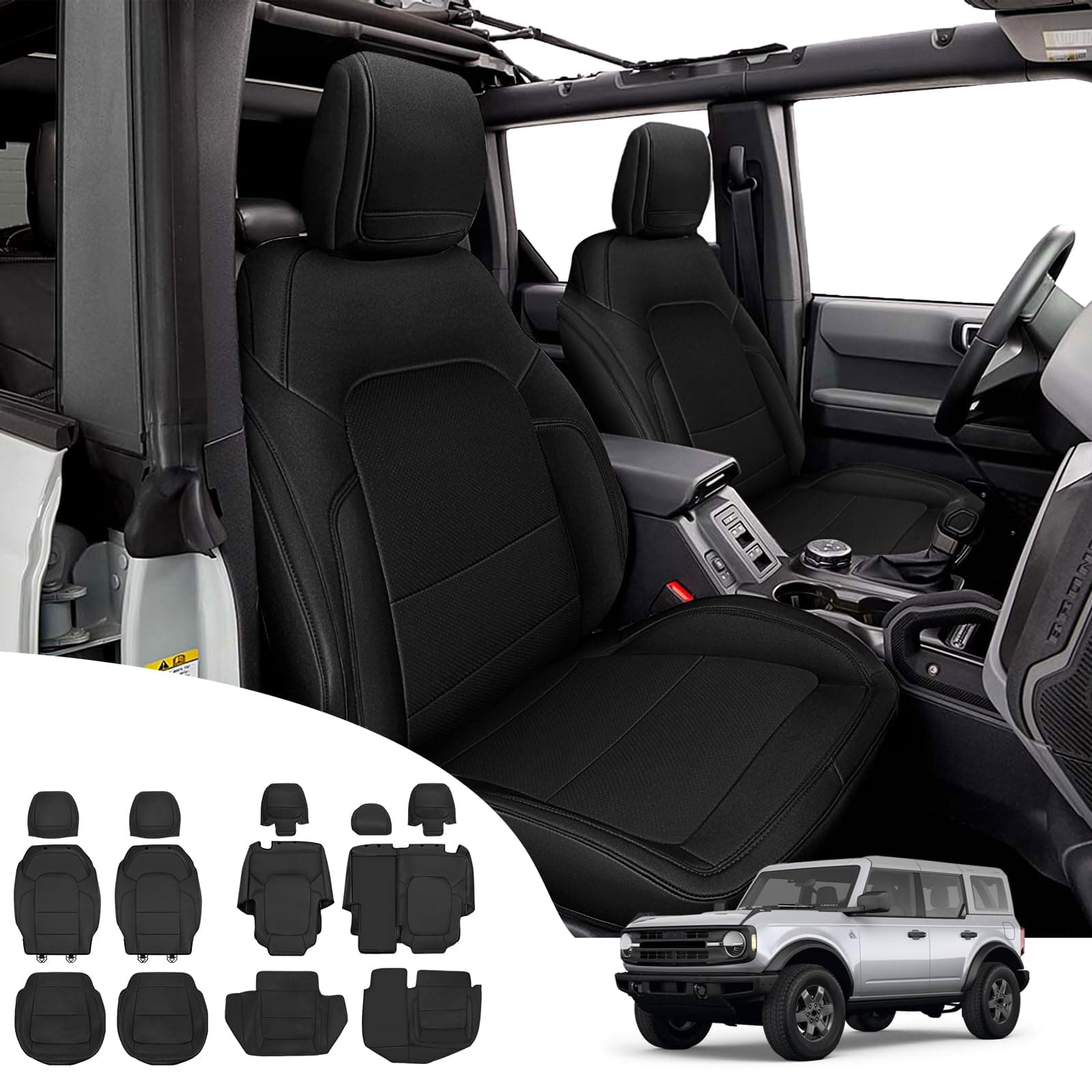 KMF Seat Cover Full Set Protector Custom for Ford Bronco 2021 2022 2023 4-Door, Black Waterproof Leather Car Seat Cushion Cover Protector Full Set 5-Seats Ford Bronco Accessories