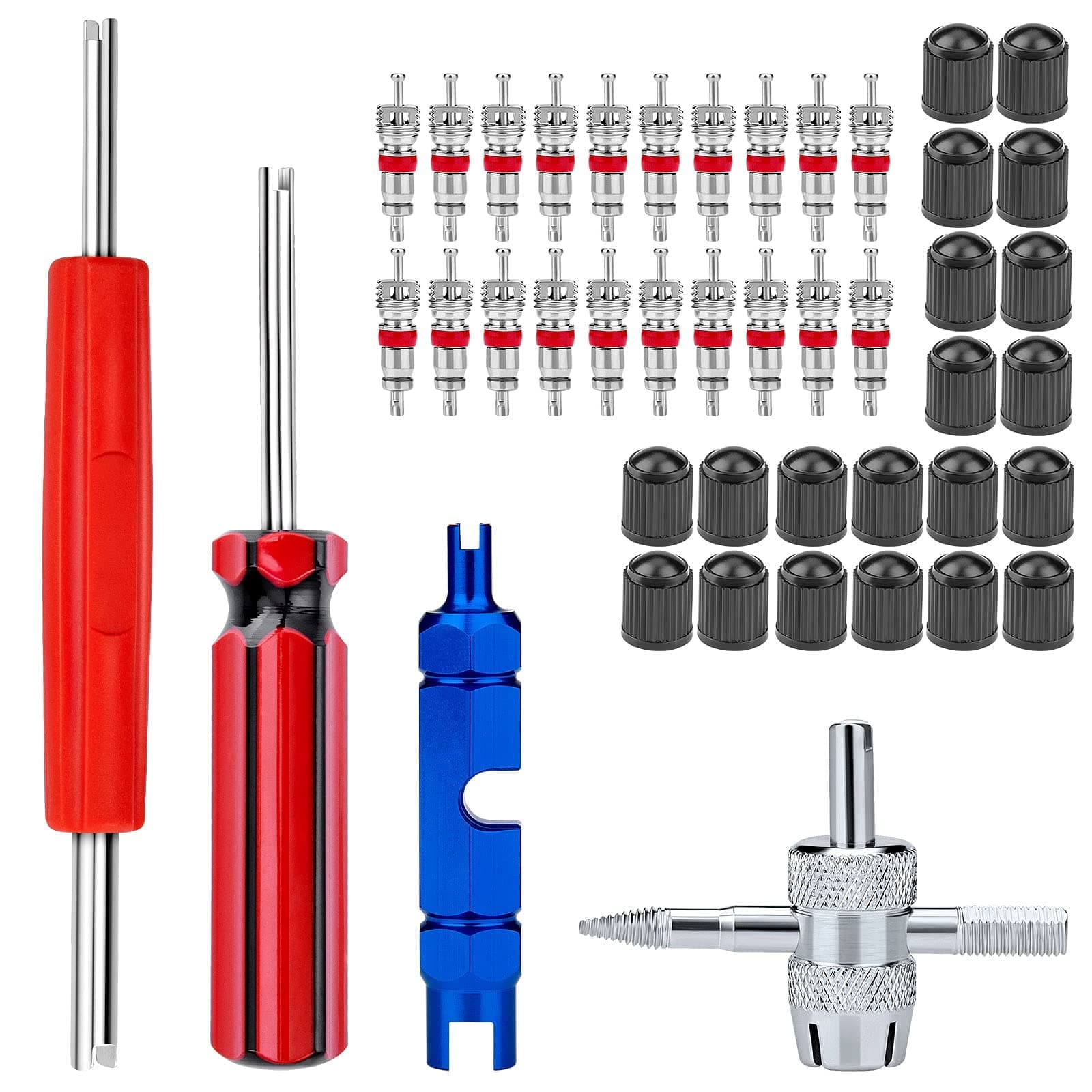 Valve Stem Removal Tool Kit, with Valve Stem Caps, Tire Valve Cores,4-Way Valve Tool, Single, and Dual Heads Valve Core Remover Tire Repair-44PCS