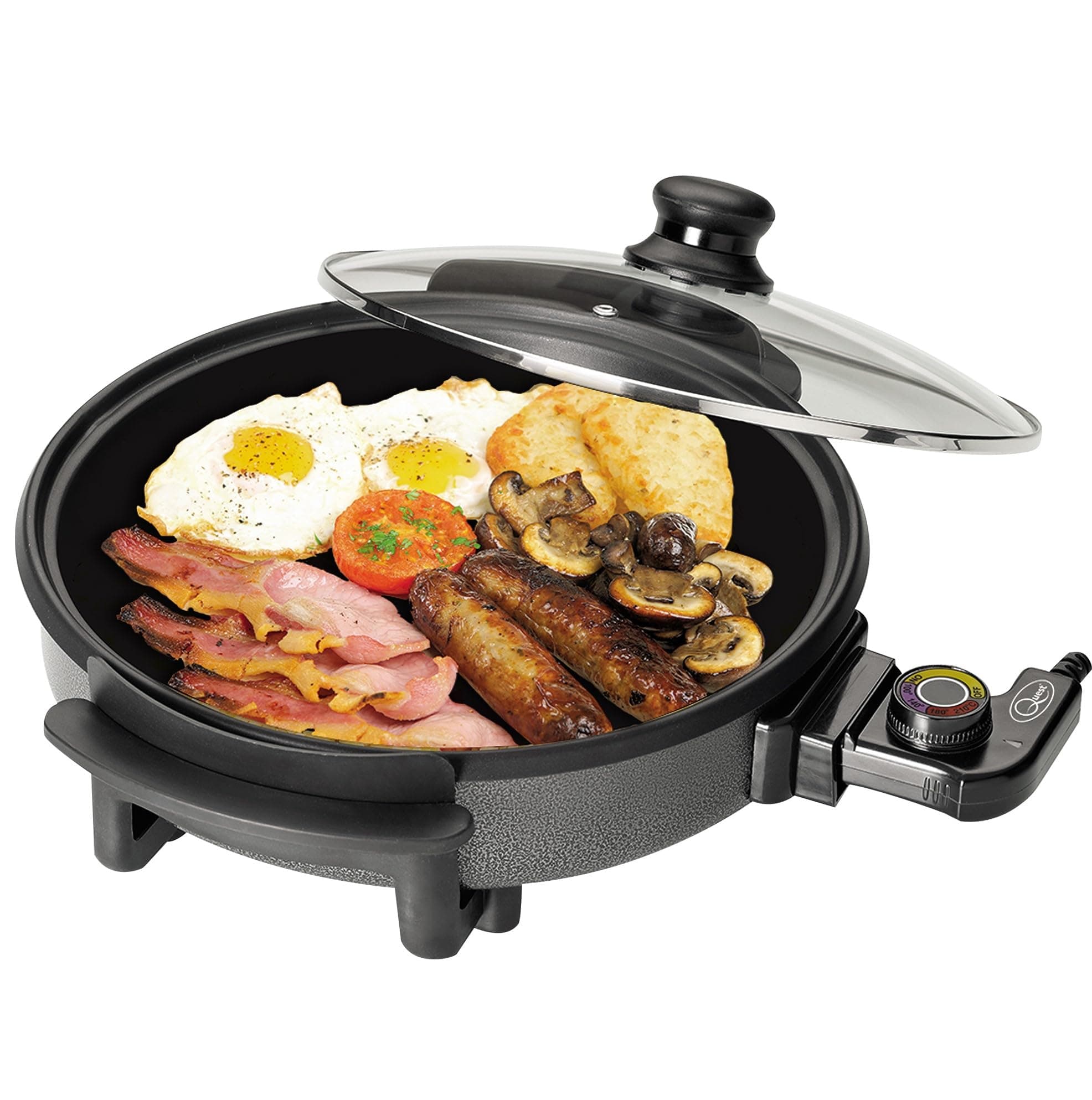 Quest 35410 30cm Multi-Function Electric Cooker Pan with Lid/Adjustable Thermostatic Control/Non-Stick Aluminium / 30 x 30cm Surface/Detachable Power Cable For Serving