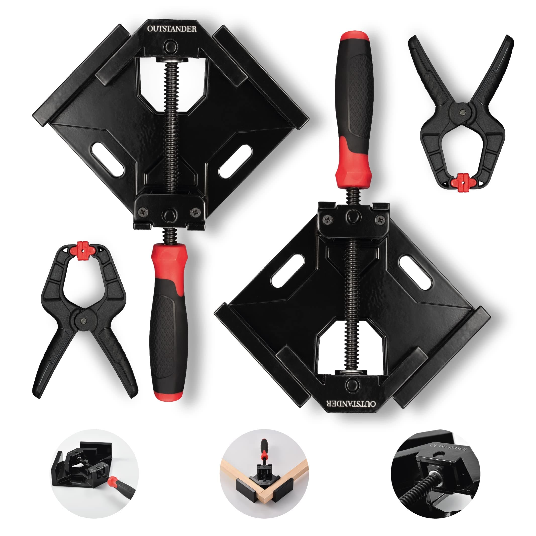 OUTSTANDER Corner Clamp, 2PCS Single Handle 90 Degree Right Angle Clamps with 2PCS Spring Clamps, Aluminum Alloy Body, Swing Jaw, Vise Bench Tool, Ideal Equipment for Carpenter Woodworking Welding DIY