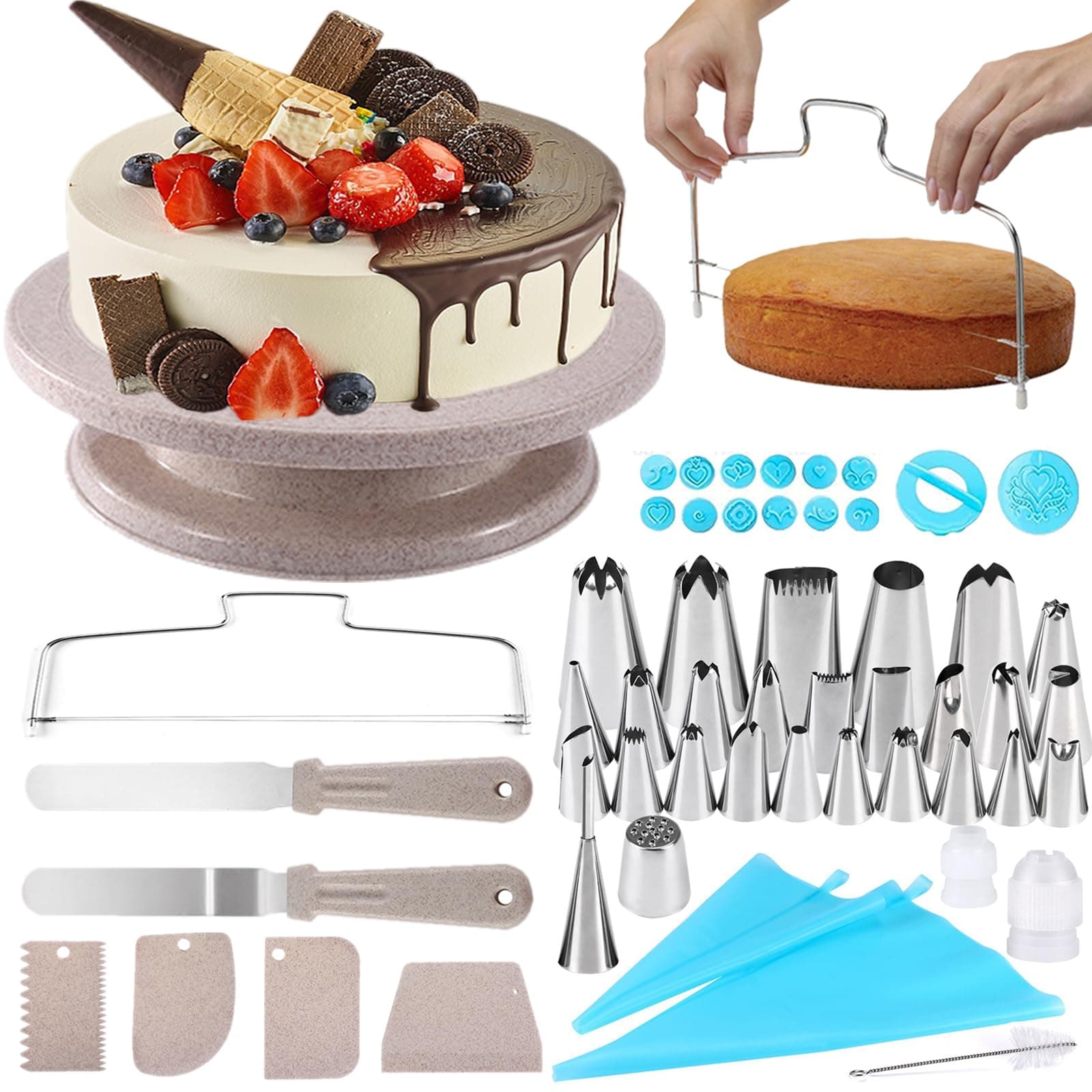 54pcs Cake Decorating Kit Baking Tools Supplies with Cake Turntable, Cake Leveler, 27 Piping nozzles, 2 Pastry Bag, 2 Coupler, 2 Spatulas, 4 Scrapers, 14 Fondant Embossers & 1 Cleaning Brush