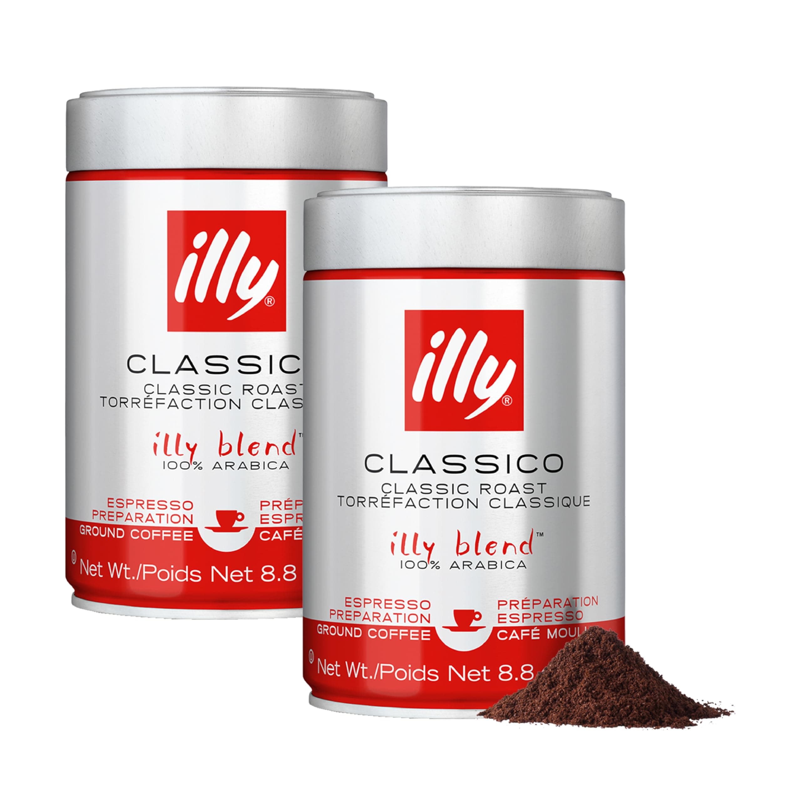 Illy Ground Espresso Coffee, Classico Medium Roast - Mild & Balanced - 100% Arabica - Pre-Ground for Espresso - Pressurized Packaging Sealed for Freshness - 8.8oz (Pack of 2)