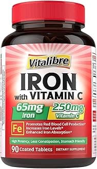 Iron Supplement, 65mg Carbonyl Iron with 250mg Vitamin C, Stomach Friendly Iron Pills for Blood Building Women & Men, High Absorption, No Nausea, No Constipation, Non-GMO, No Gluten, 90 Vegan Tabs