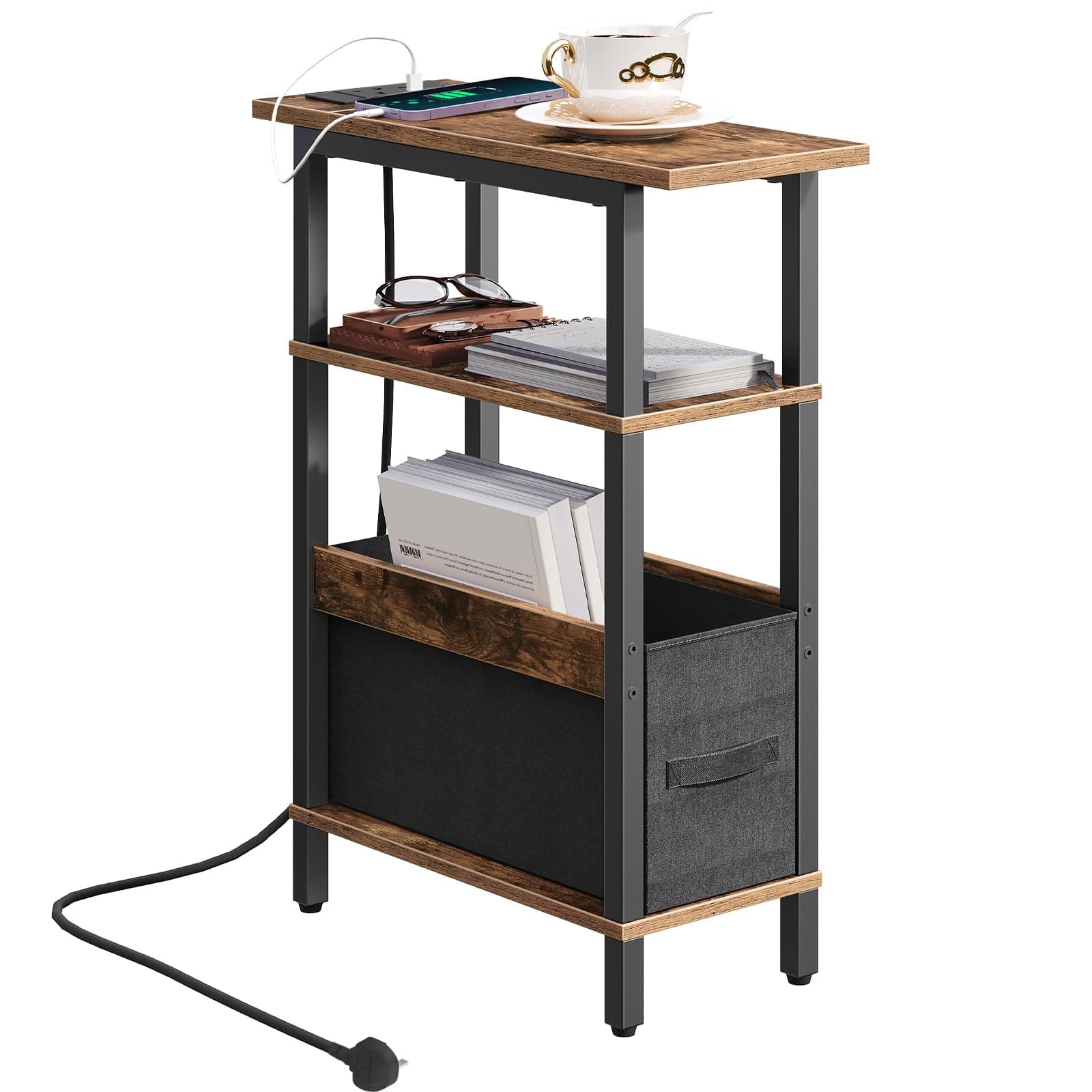 Narrow Side Table with Charging Station, 3 Tier Small End Table for Small Spaces, Slim Side Shelf with Storage, for Living Room, Bedroom, Rustic Brown AETHR125KE01