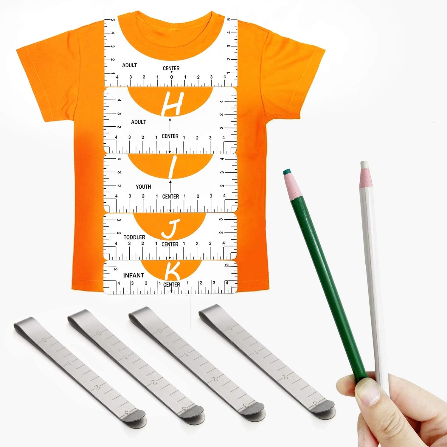 T-Shirt Ruler Guide for Vinyl Alignment 5 Size Tshirt Ruler Guide Tool Set for Heat Press Tshirt Rulers to Center Designs for Vinyl Placement with 4Pcs Hemming Clips and 2Pcs Marker Pens
