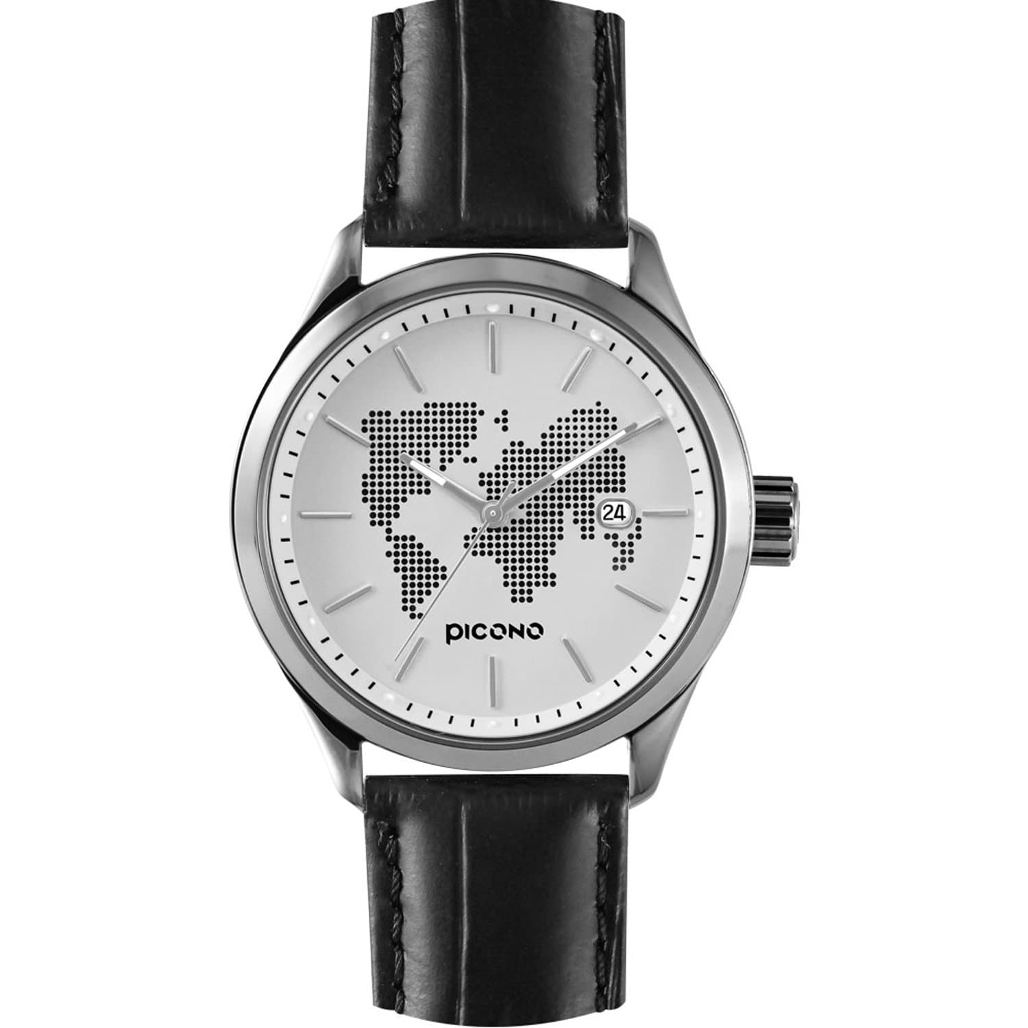 PICONOWorld Map Time and Date Automatic Water Resistant Analog Quartz Watch - No. 12601 (Silver/Silver)
