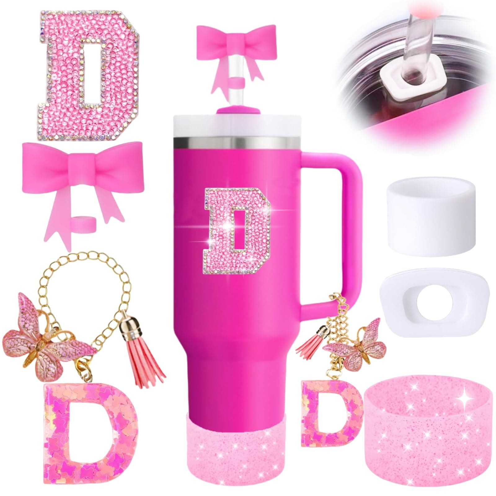 6PCS Pink Stanley Cup Accessories Set, Initials Decorations for Stanley Cup 30oz 40oz, Includes Bow Straw Topper, Handle Charm, Letter Sticker, Silicone Boot, Spill Proof Stopper (Letter D)