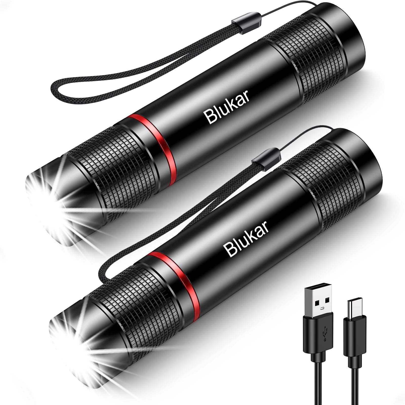 LED Torch Rechargeable, [2 Pack] 2000L Super Bright Adjustable Focus Flashlight, 4 Lighting Modes, Long Battery Life, Waterproof Pocket Size Torch for Power Cuts, Emergency, Camping, Outdoor