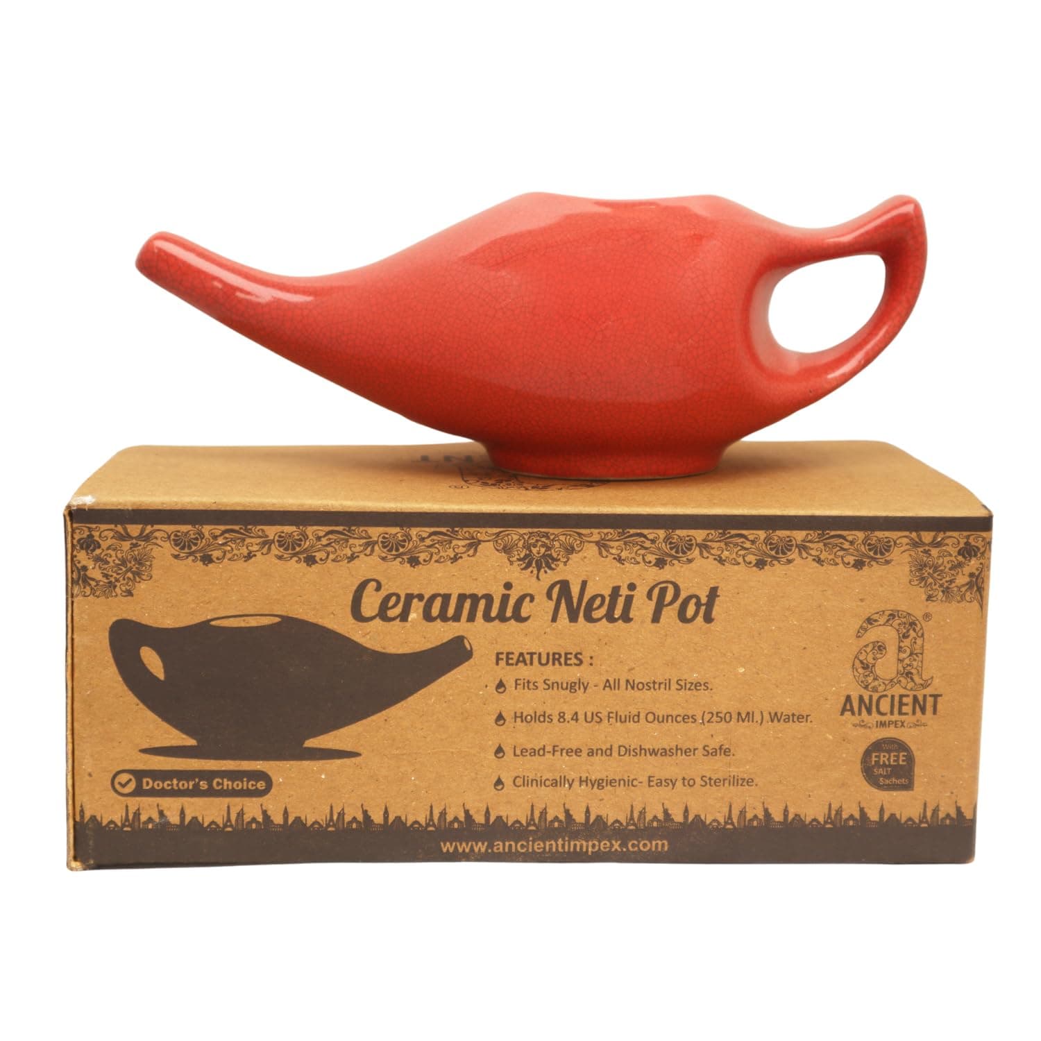 Ancient IMPEX Ceramic Neti Pot 250 Ml (Red Crackle) with 5 Sachets Neti Salt | Natural Remedy for Allergy Relief, Sinus & Nasal Hygiene | Ayurvedic Nasal Rinse Pot
