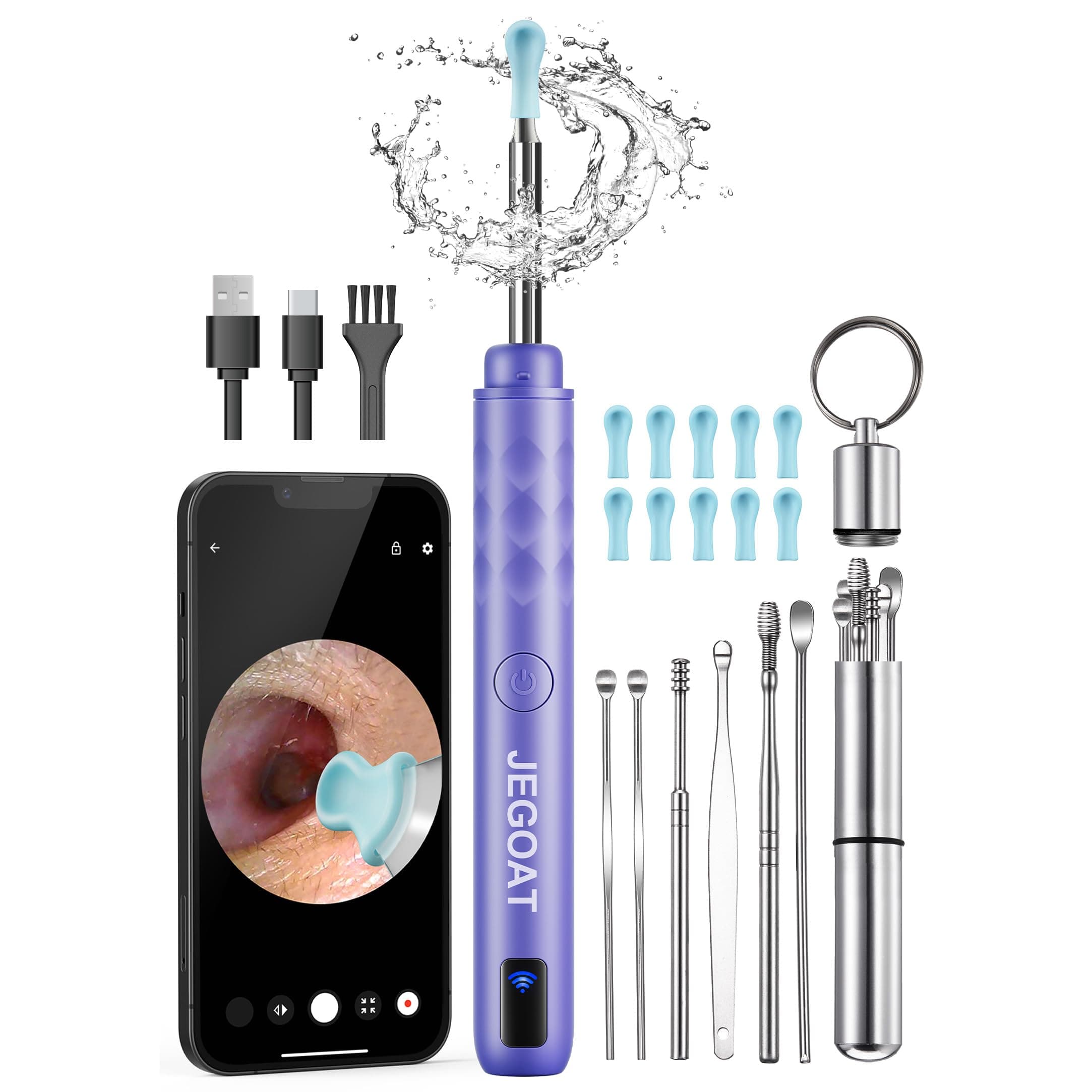 Ear Wax Removal, Ear Wax Removal Tool Camera with 1296P HD Camera and 6 LED Lights, Ear Cleaner with 10 Ear Pick, Upgraded Ear Wax Removal Kit for iOS and Android, Purple