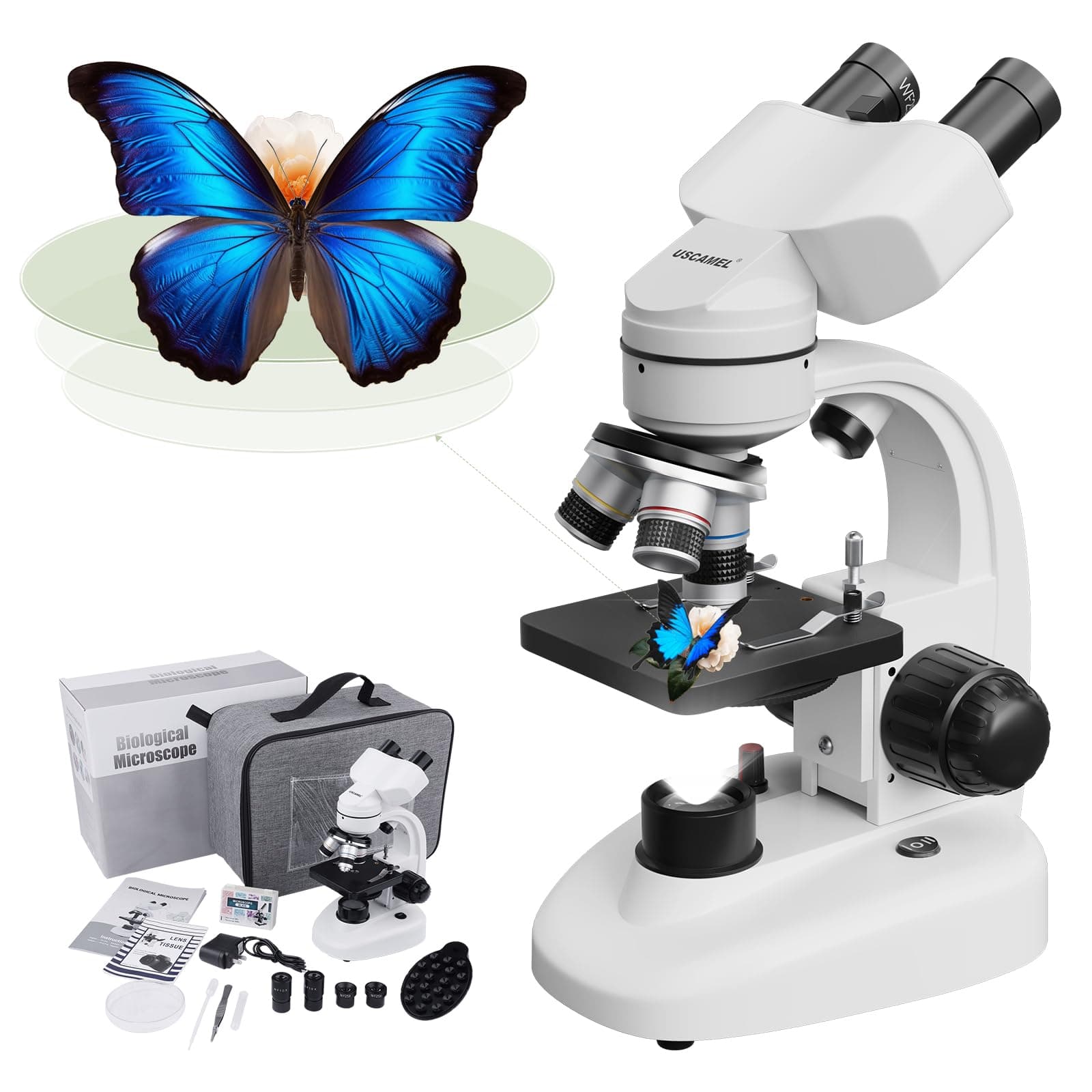USCAMEL 40X-1000X Magnification LED Binocular Compound Microscope,Professional Compound Microscope with Wide-Field 10X 25X Eyepieces,Phone Adapters,Cleaning Paper