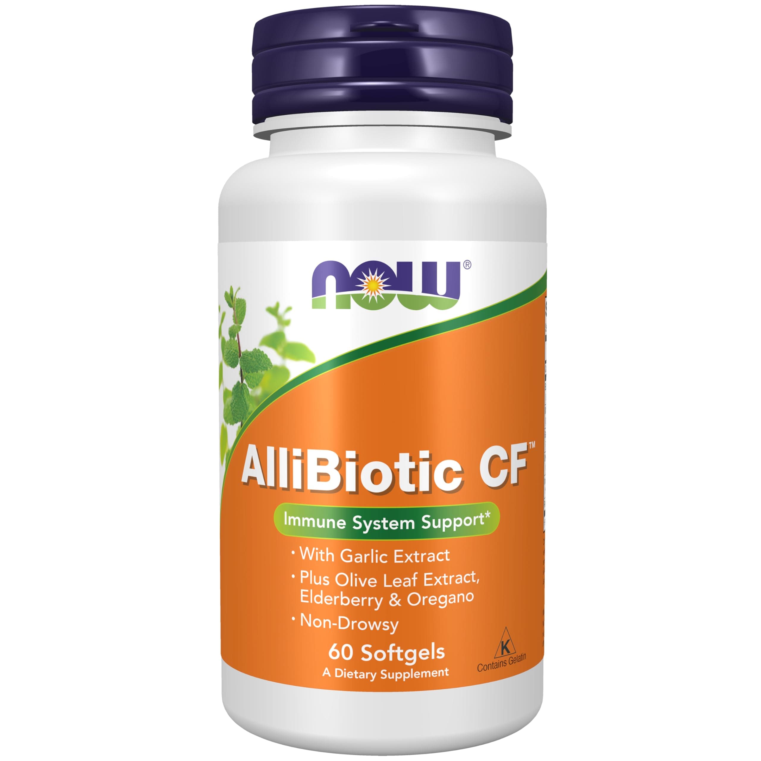 NOW Supplements, AlliBiotic CF™, with Garlic Extract, Olive Leaf Extract, Elderberry & Oregano, Non-Drowsy Formula, 60 Softgels