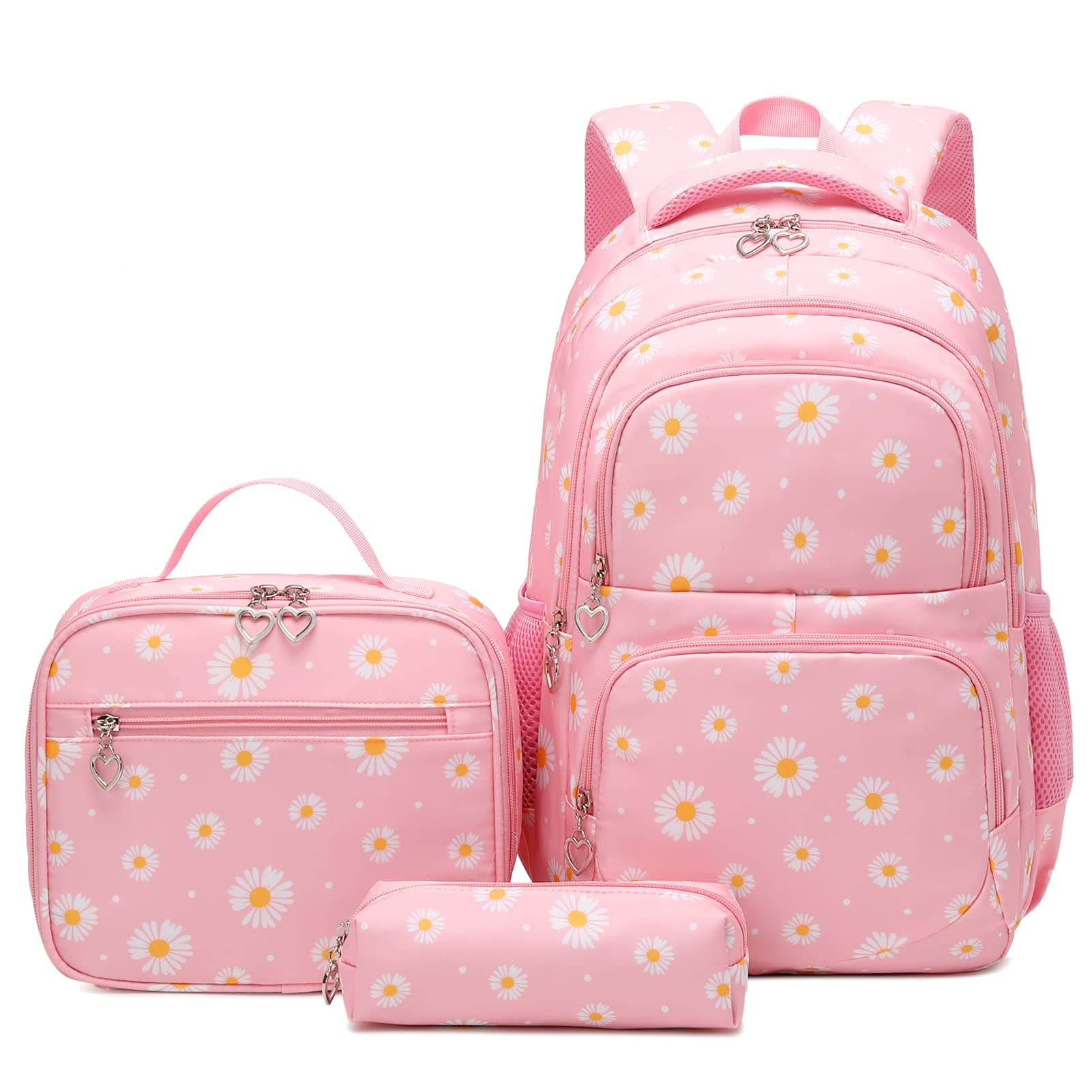 Daisy Printed School Backpack Set with Lunch Bag Pencil Case 3 Pieces School Bags for Teens Girls Boys Primary Junior Middle School Water Resistant Lightweight Bookbag Travel Rucksack