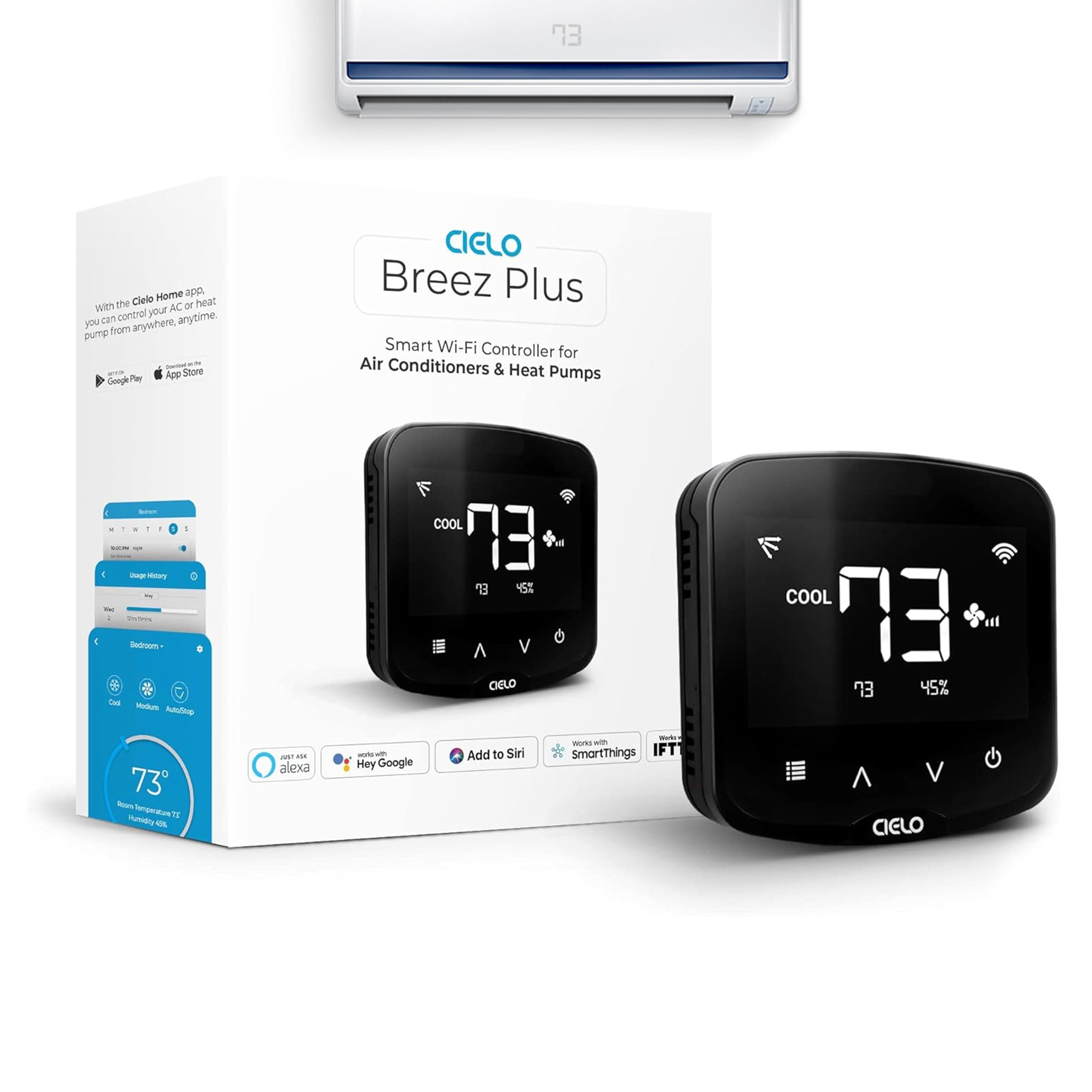 Breez Plus | Smart Air Conditioner Controller | WiFi Thermostat for Mini-Split, Window, Portable ACS | Alexa, Google, Siri Shortcuts, SmartThings, IFTTT | Free App | Inbuilt Temp/Humidity Sensors