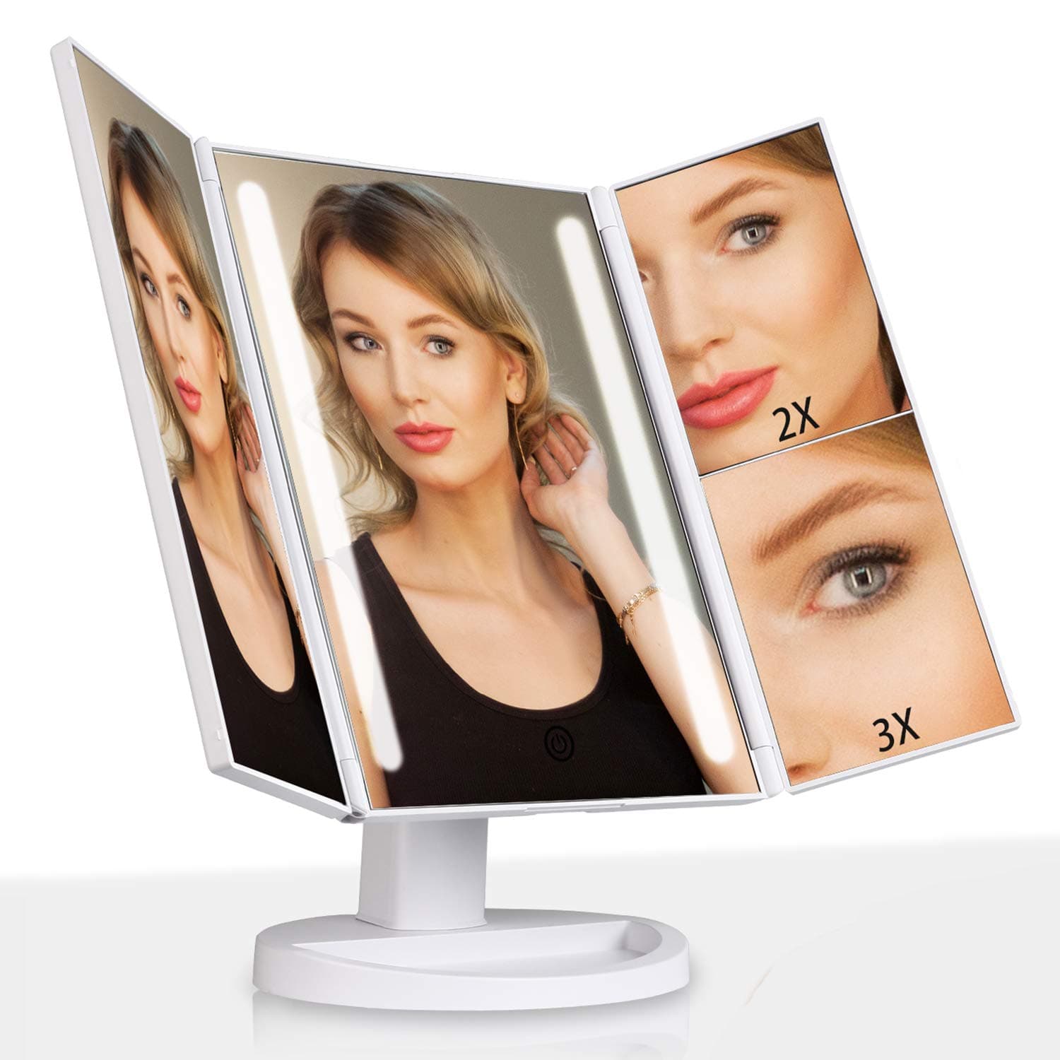 Outtop Lighted Makeup Mirror, LED Vanity Makeup Mirror with Lights and 3X/2X Magnification, Dimmable Touch Screen Tabletop Cosmetic Mirrors, 180 Degree Free Rotation, Battery or USB Charging, White