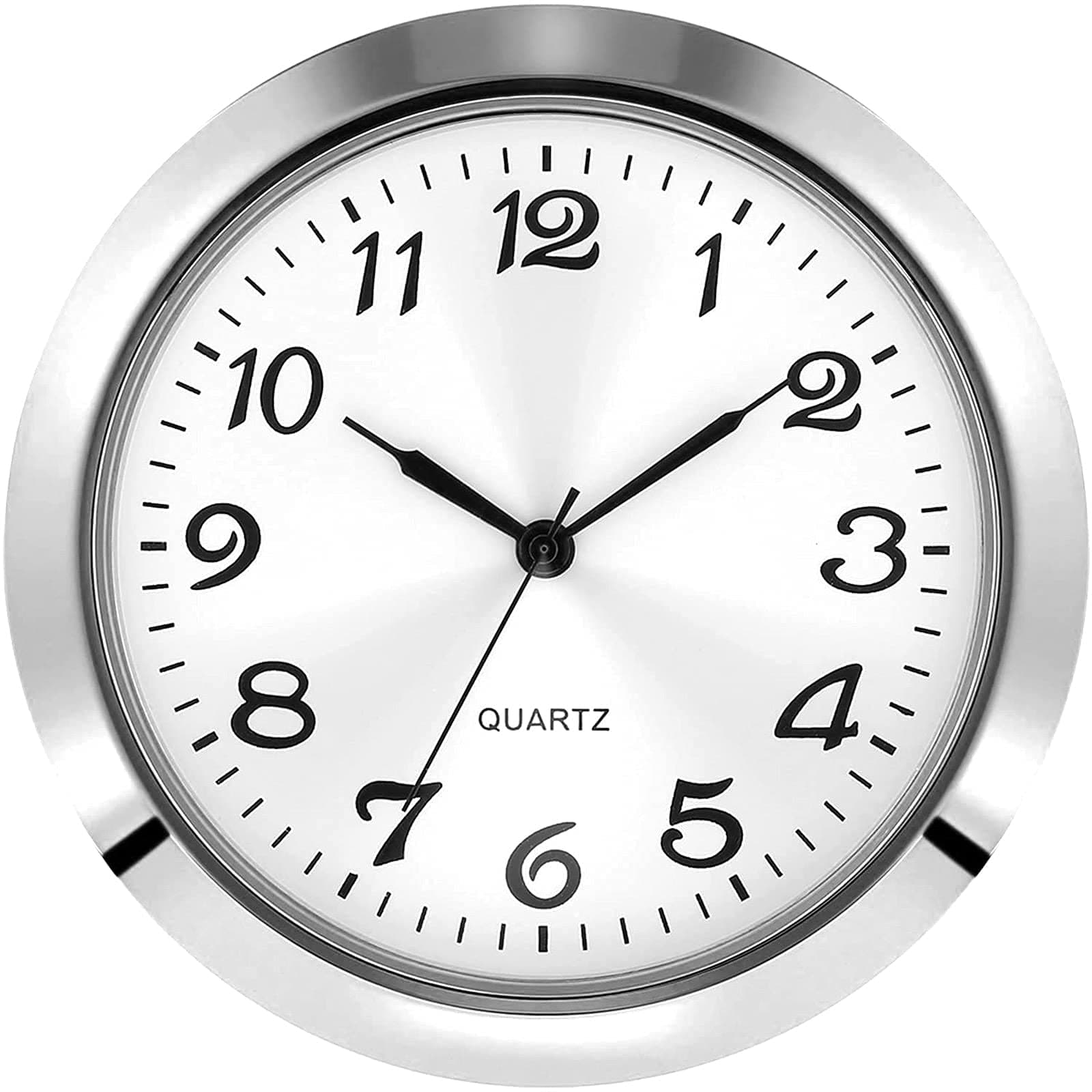 2-1/8 Inch (55 mm) Quartz Clock Insert, Zinc-Alloy Metal Case, Arabic Numeral, White Face (Silver)